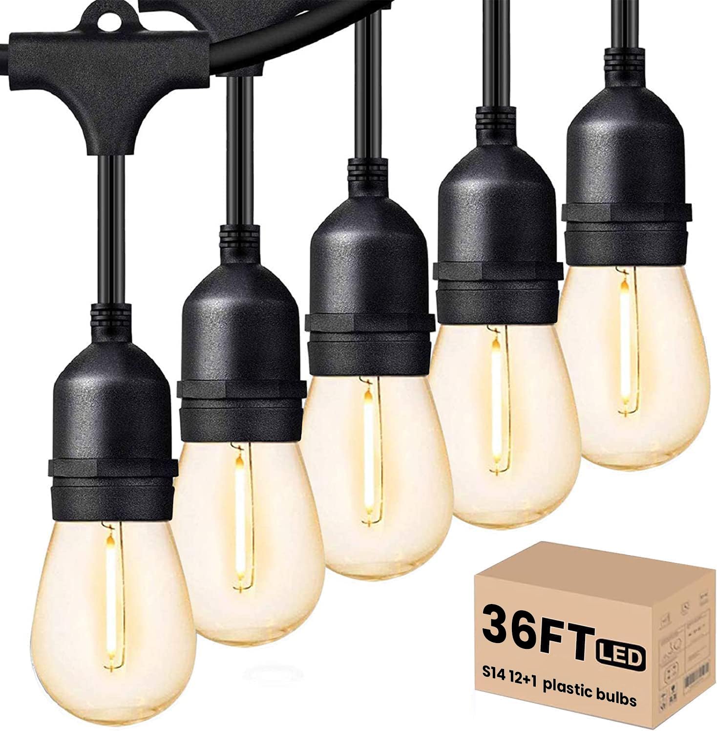 Svater Outdoor Led String Lights 36 FT, Patio Lights for Outside with 13pcs S14 Shatterproof Bulbs, 1 Watt E26 Dimmable, IP65 Wa