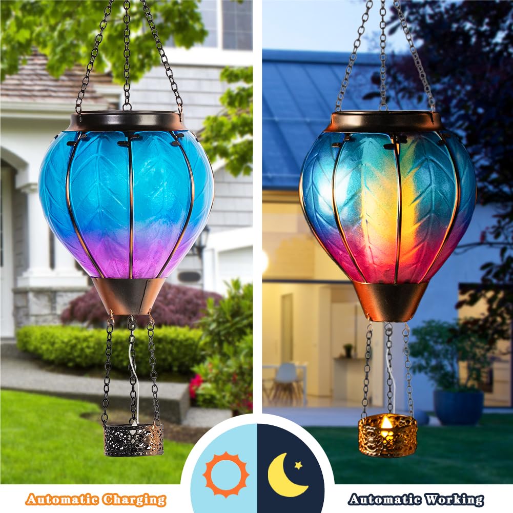 Starsoul Solar Hot Air Balloon Lantern with Candle Holder, Blue, Decorative Hanging Light for Lawn, Porch, Tree, Yard