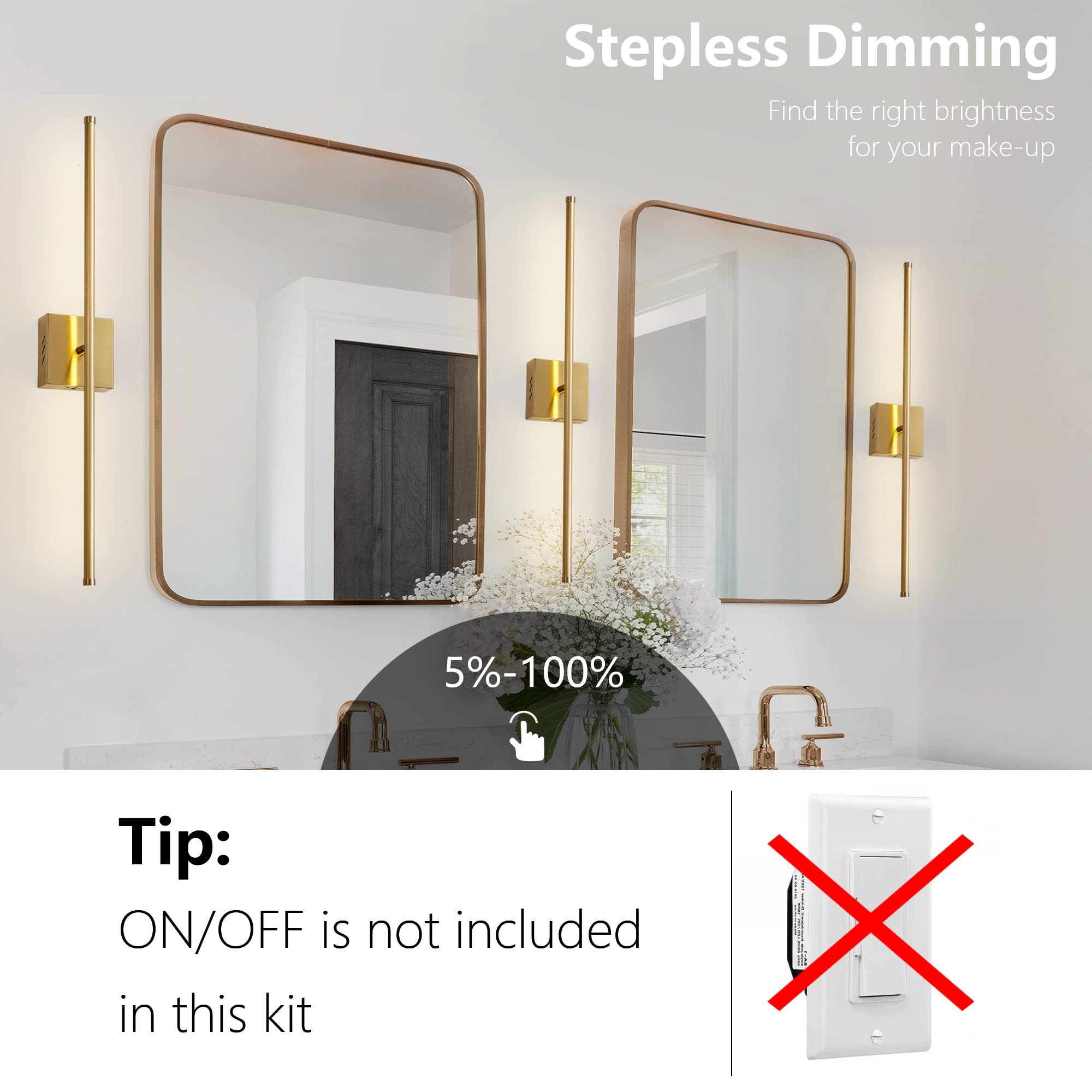 KARTOOSH Modern Dimmable Wall Sconces Set of 2, 27.8" Brushed Brass, 350° Rotate LED Light Fixtures for Bathroom & Living Room