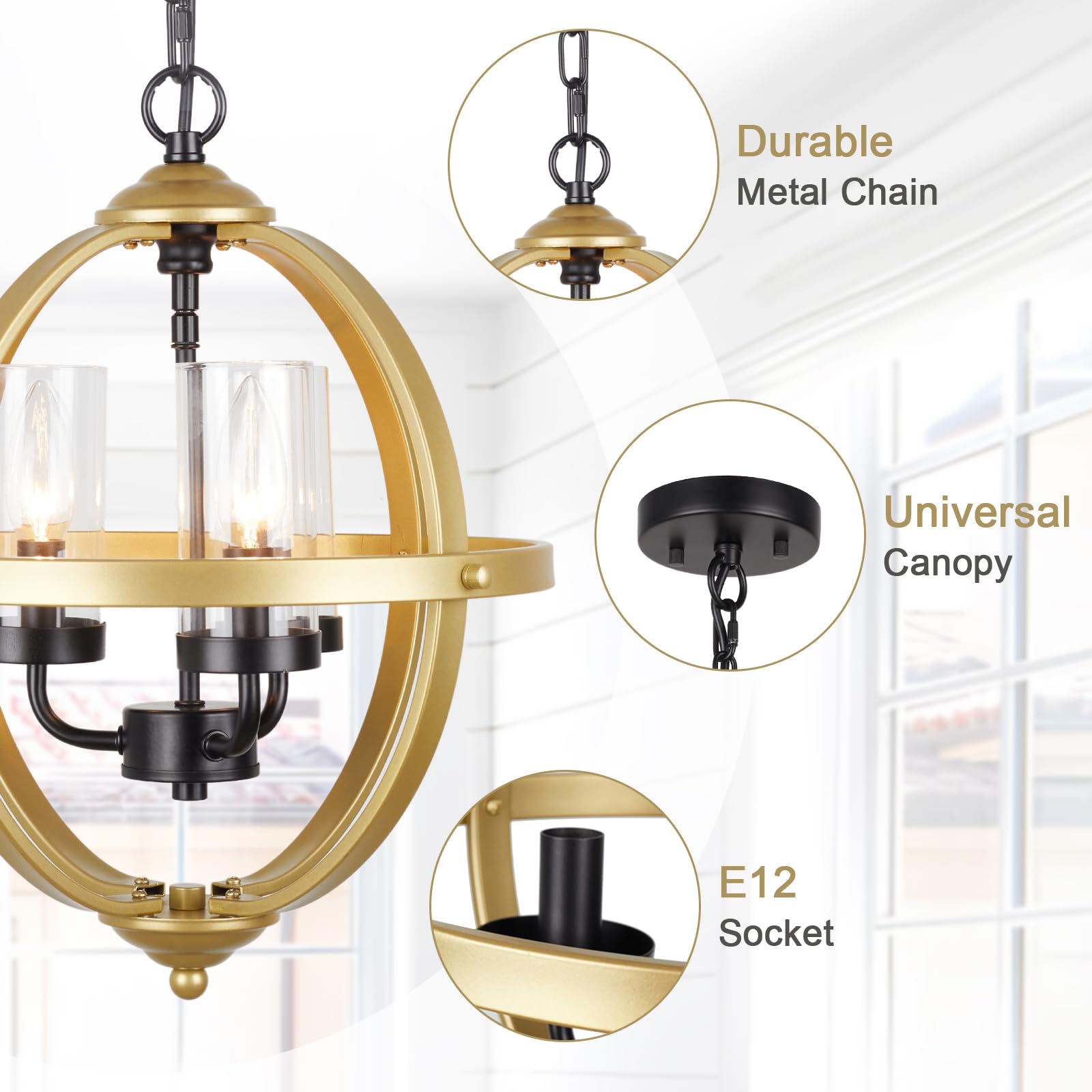 Treekee Rustic Chandelier, 14'' Gold Glass Cover Luxurious Hanging Light, 3-Light Globe Vintage Pendant Ceiling Light Fixtures F