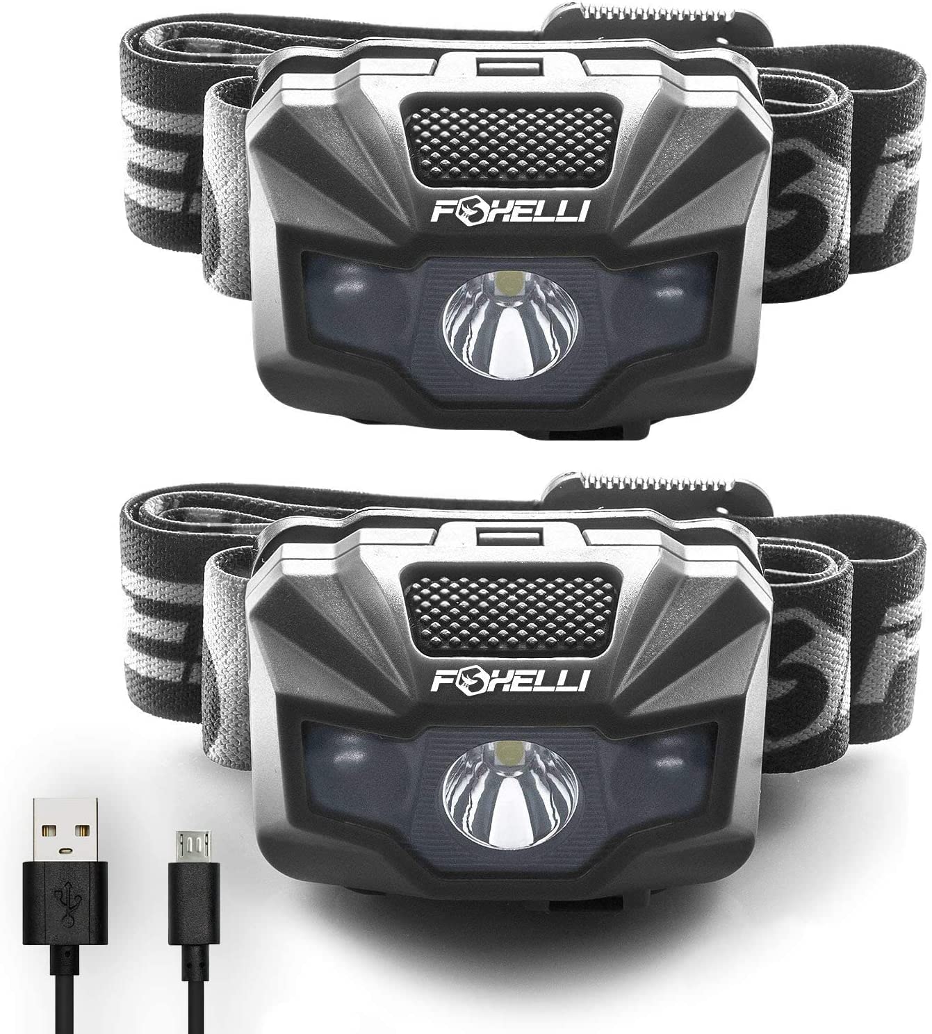 Foxelli LED Headlamp 2-Pack - Rechargeable, Waterproof, Ultralight, Black, Model MX200B