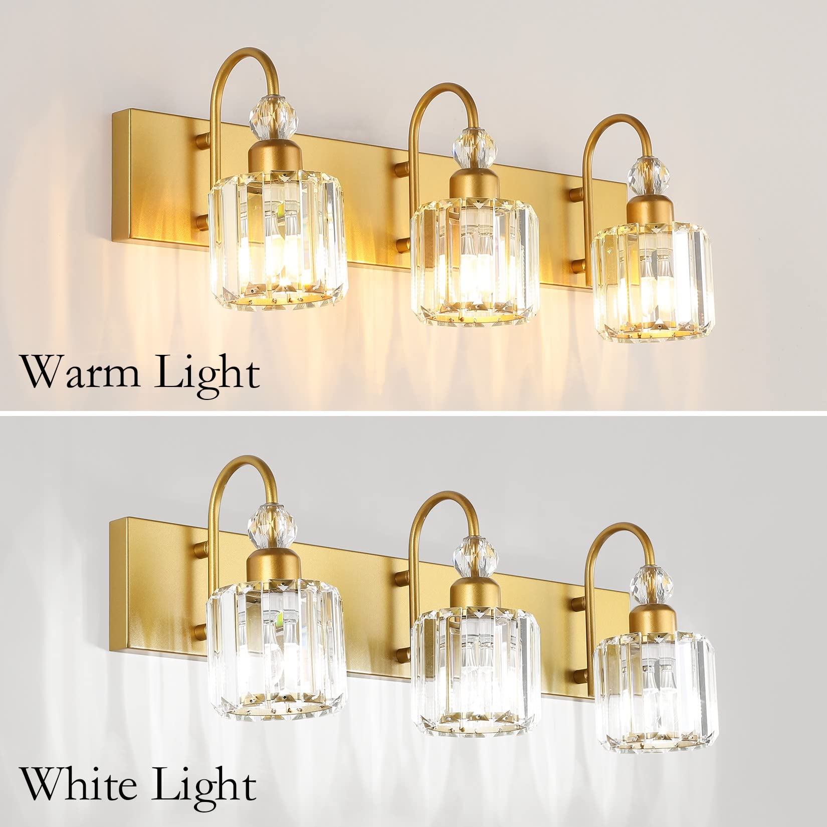 Ralbay 3-Light Gold Crystal Bathroom Vanity Lights Over Mirror, Modern Round-Gold Design, Model 8600