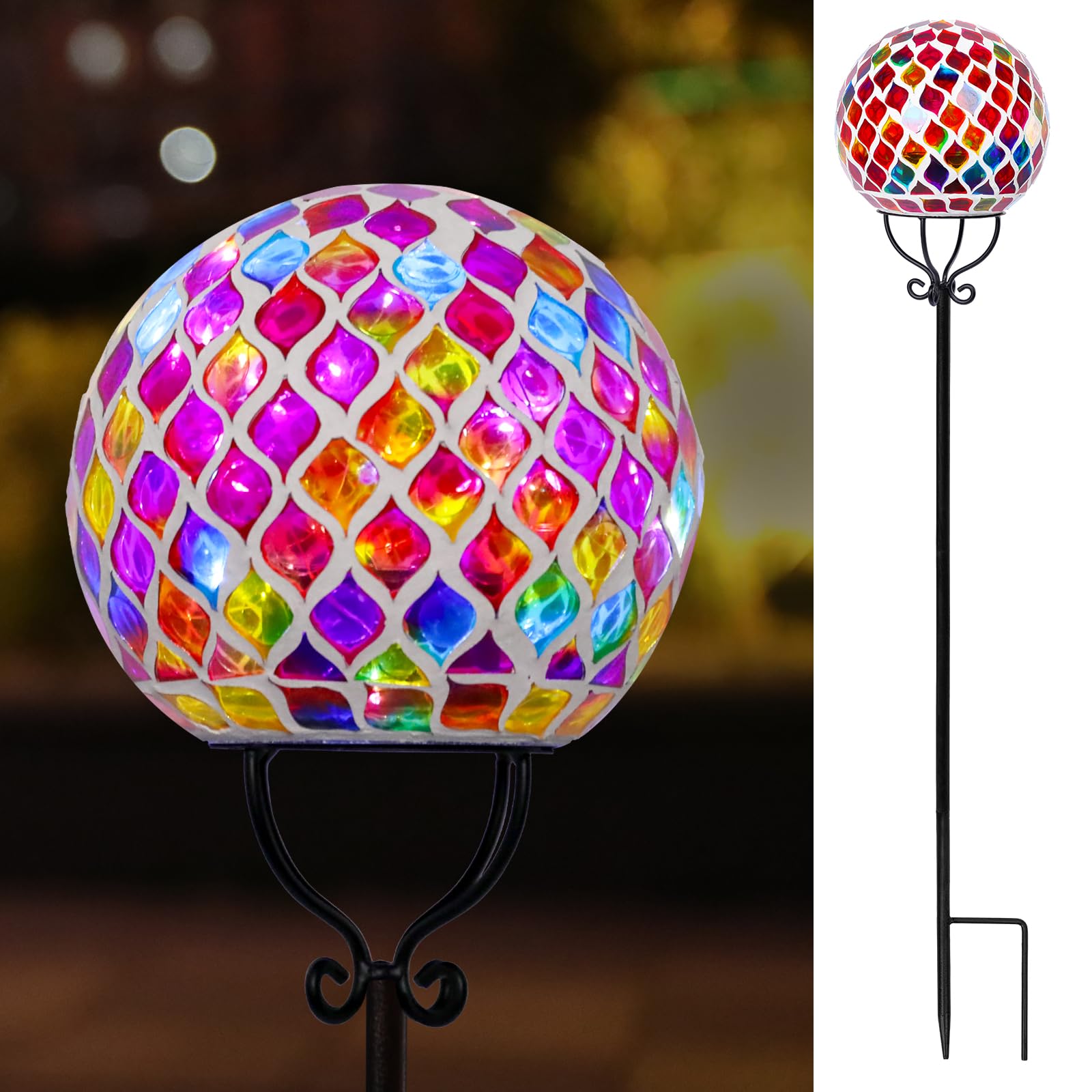 VCUTEKA Solar Outdoor Lights Garden Decor Mosaic Solar Garden Lights Waterproof Glass Ball LED Pathway Stake Light for Landscape