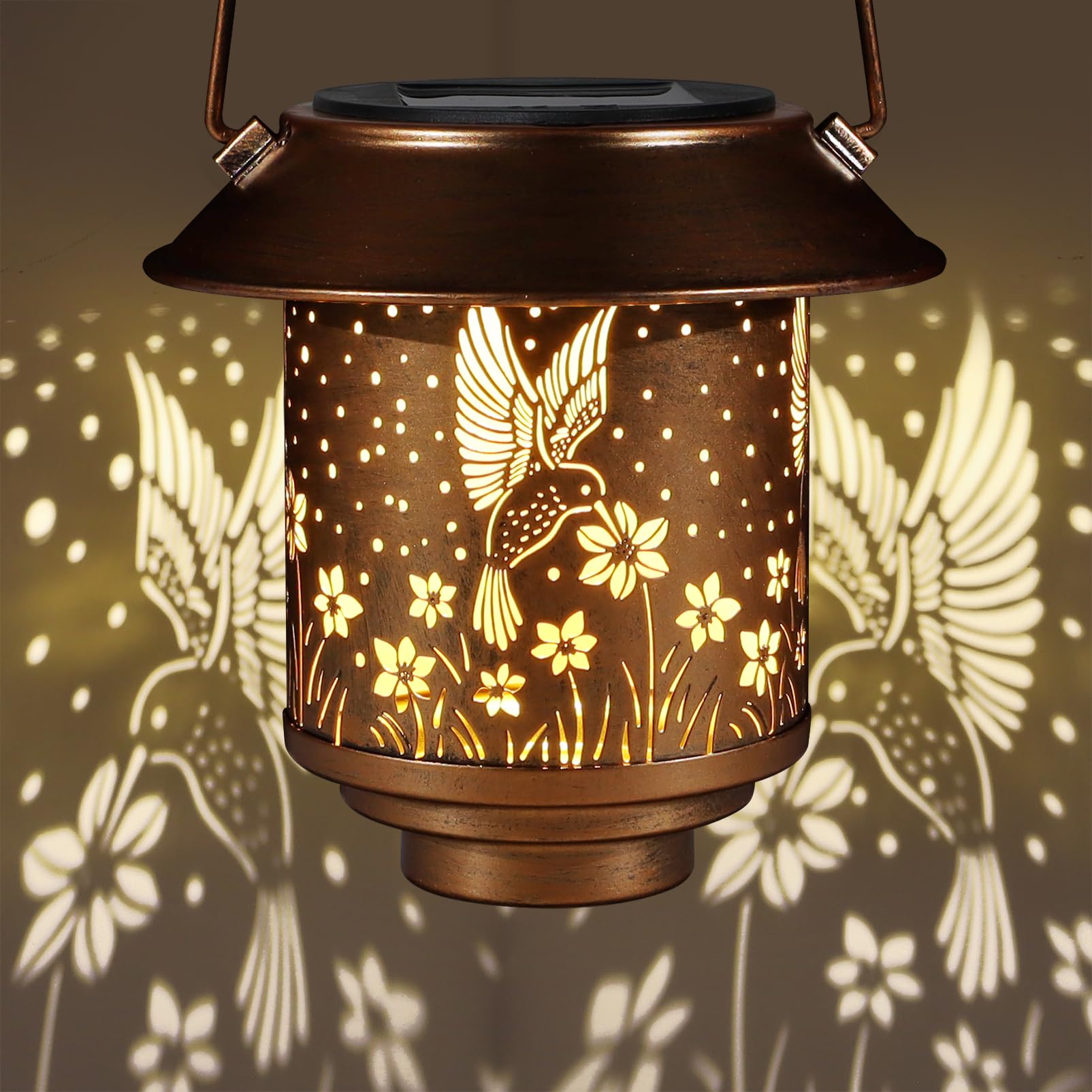 Outdoor Hanging Solar Lantern Waterproof Outside Metal Openwork Hummingbird Pattern Landscape Lights For Porch Garden Yard Patio