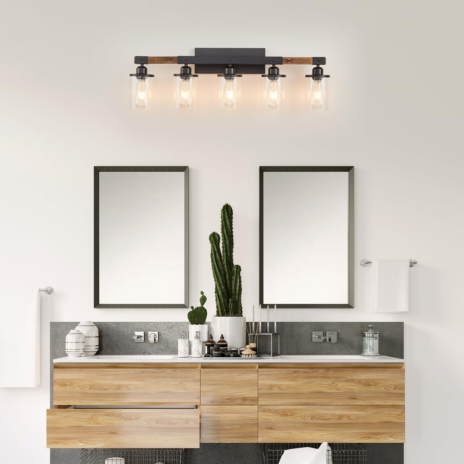 Feohak 5-Light Bathroom Vanity Light Fixtures, Farmhouse Vanity Lights For Bathroom, Rustic Industrial Vintage Black Wood Wall S