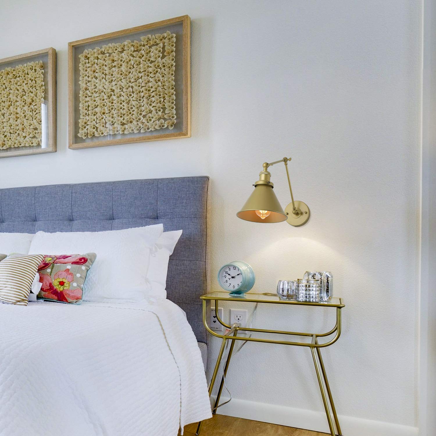 Gepow Gold Wall Sconce Lighting, Adjustable Swing Arm Plug-In Or Hardwired Lamp With Orange Cord