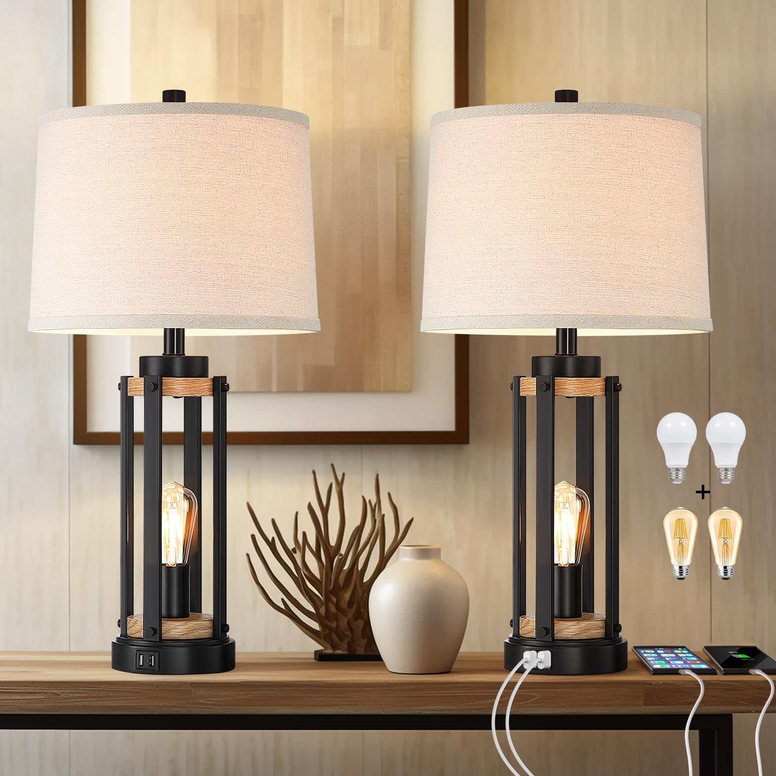 Altgedecor Farmhouse Table Lamps For Living Room Set Of 2, 26    Rustic Beside Lamps With Usb Charging Ports And Night Light, Be