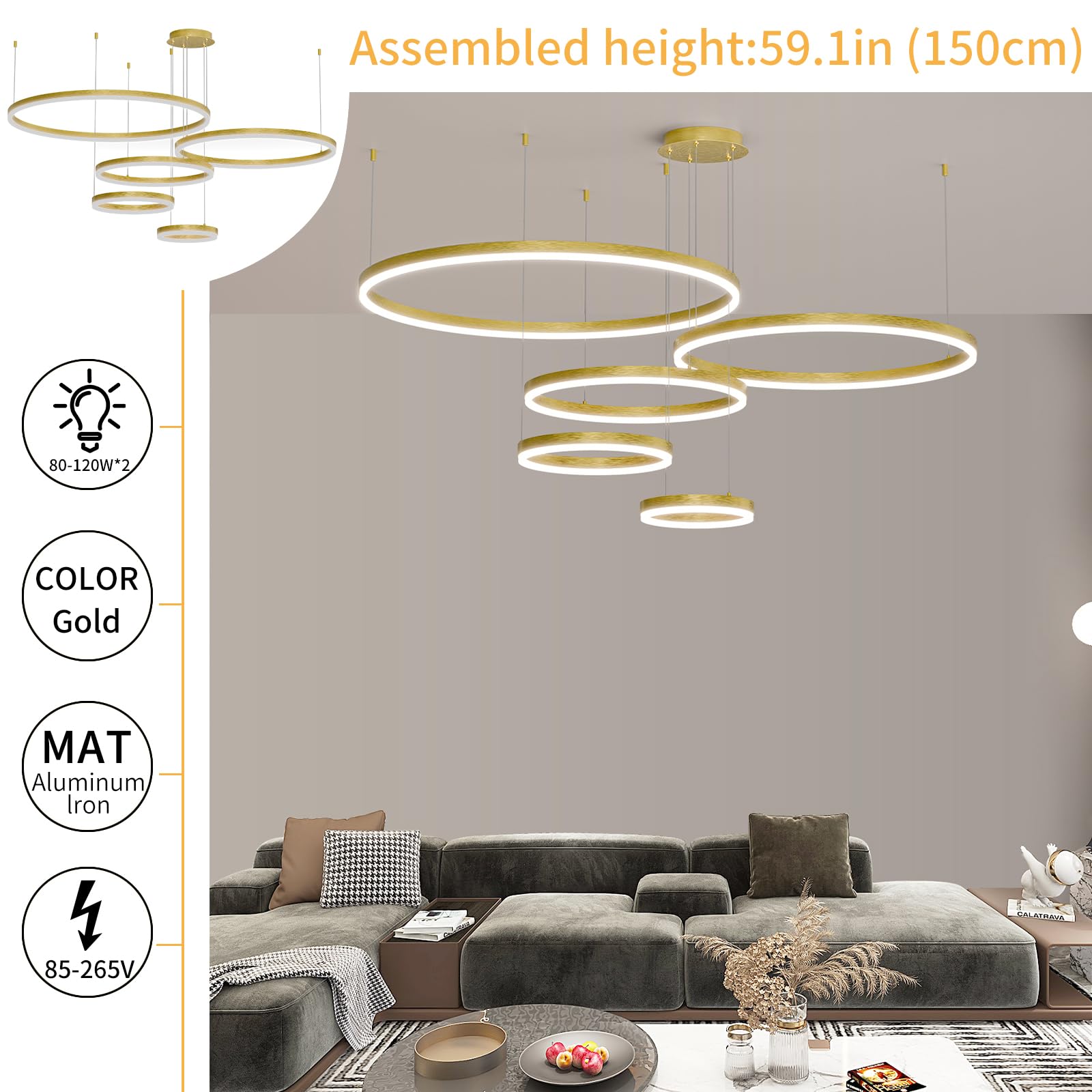 Mikeru LED Chandelier Light, 5 Rings, Remote Control, Adjustable 3000K-6500K, Aluminum, B-Black, Model DK-JS-346810, Sizes