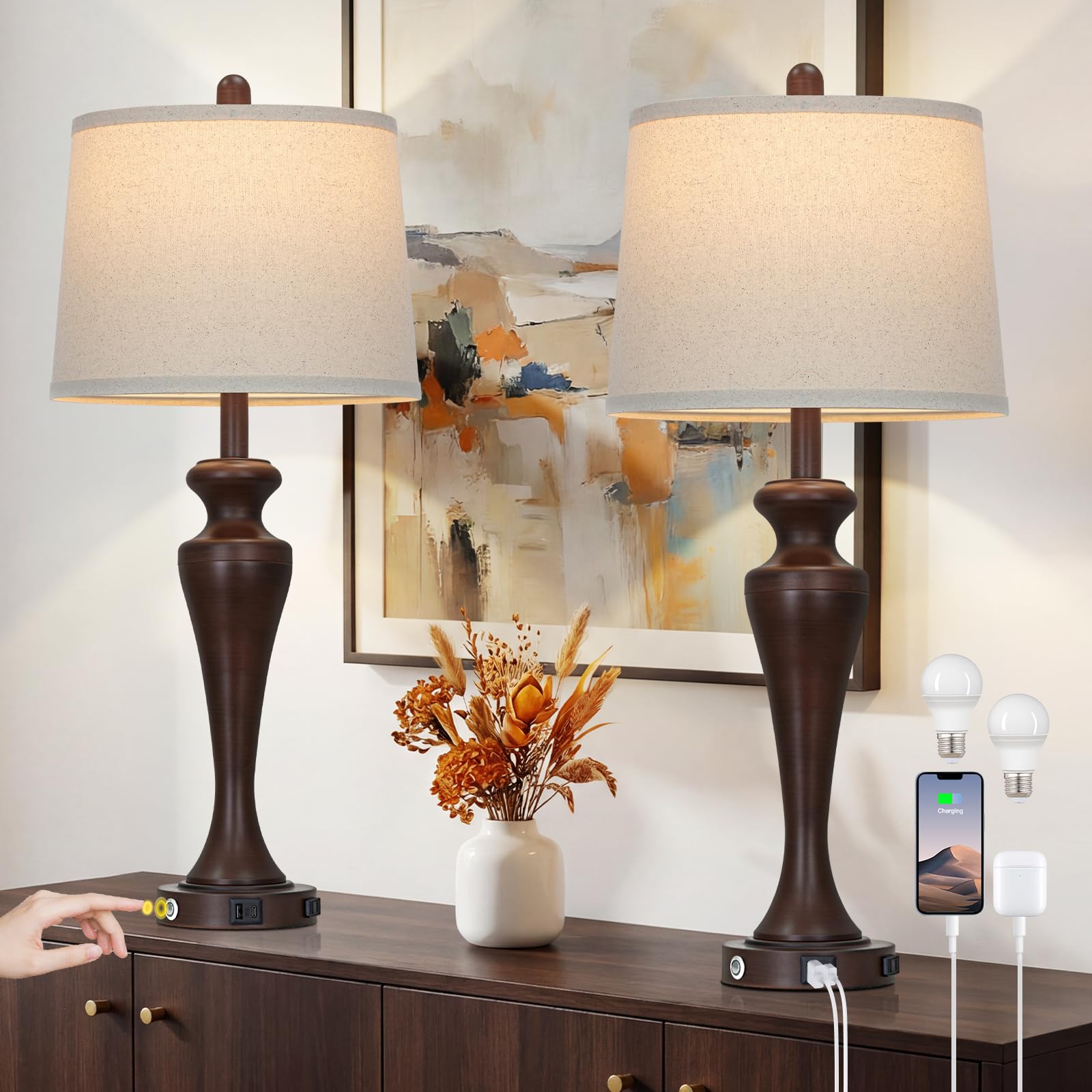 Ruzectt 30 Inch Brown Table Lamps Set of 2  3-Way Dimmable Touch Bedside Lamp with USB A+C Ports and AC Outlet  Tall Living Room Lamps for Side Table  Modern Bedroom Lamp for Nightstand Desk