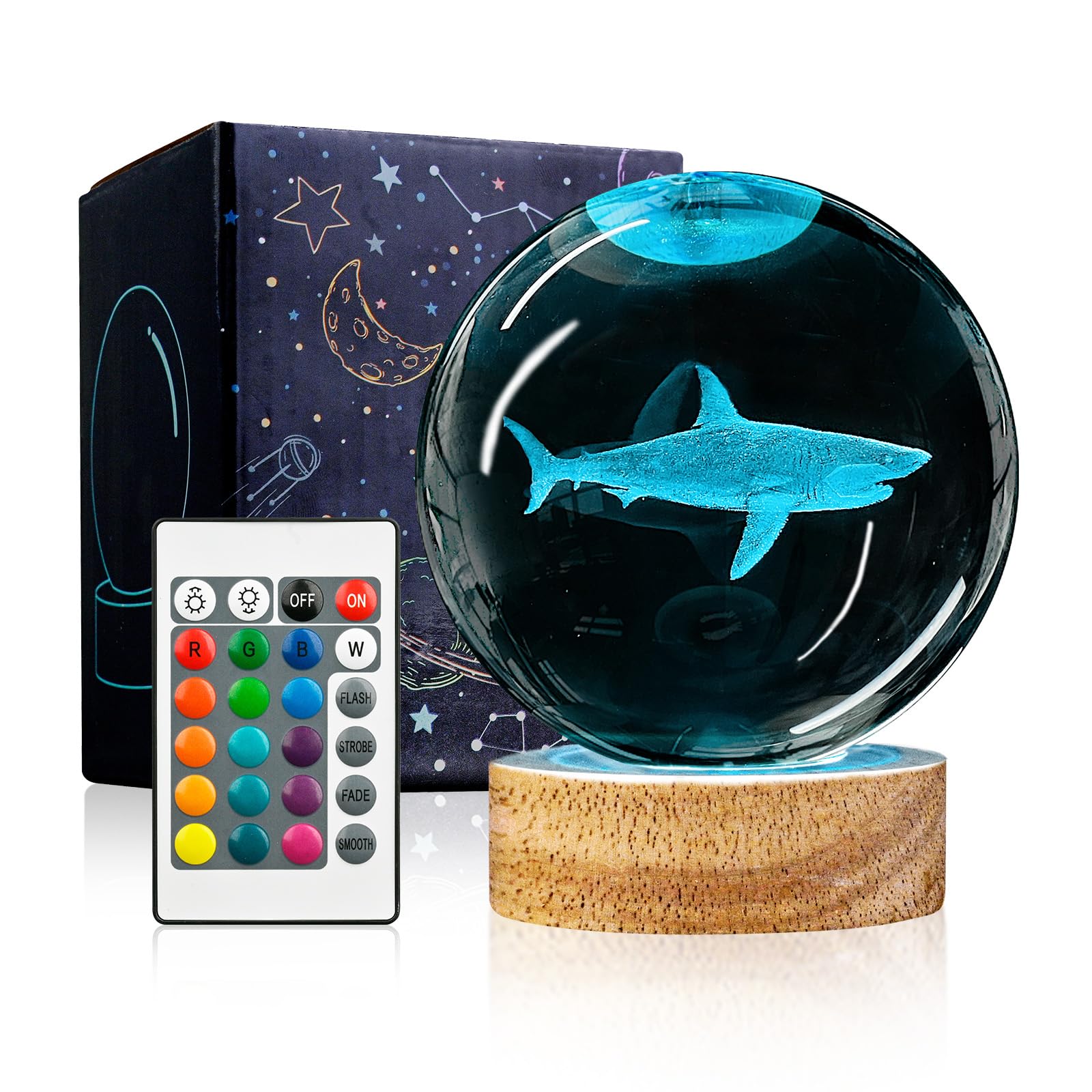 YYLZEPHB 3D Shark Crystal Ball Night Light with Woodern Base, 3.15 Shark Glass Ball Lamp 16 Colors with Remote Control Shark Fig