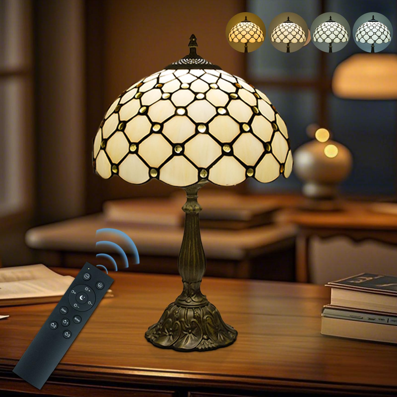 12 Inch Tiffany Table Lamps With Remote Control  Stained Glass Lamp With Stepless Dimmable Colors Temperature & Brightness For Living Room Bedroom Office  9W Bulb Included (White Bead Curtain)