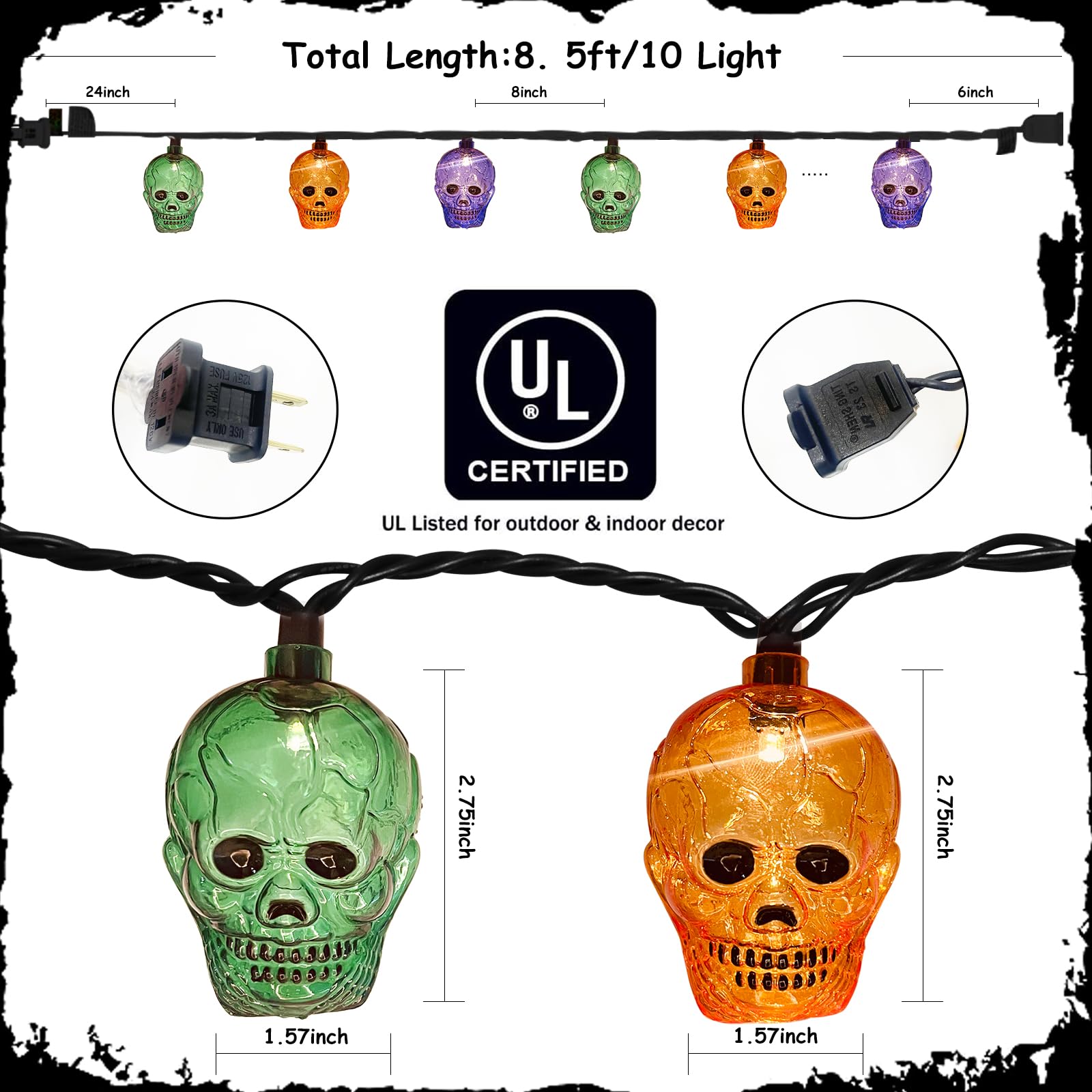 GOOTHY Halloween Skull String Lights - 8.5Ft LED Decor, Orange/Purple/Green, Indoor/Outdoor, Plug-in, Model LR-LED-L-10E/1F-D