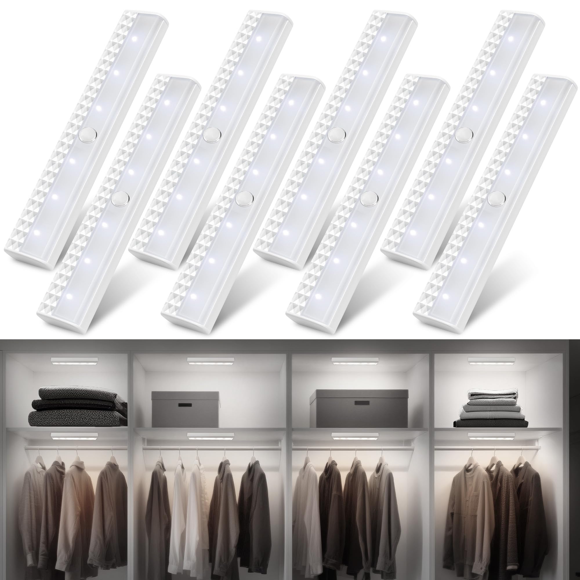 Maylit 8 Pack Motion Sensor Light Indoor  Battery Operated Lights  Wireless Magnetic Night Led Bar  Stick On Lighting For Closet  Stair  Shelf  Hallway  Bed  Pantry  Under Cabinet  6000K Cool White