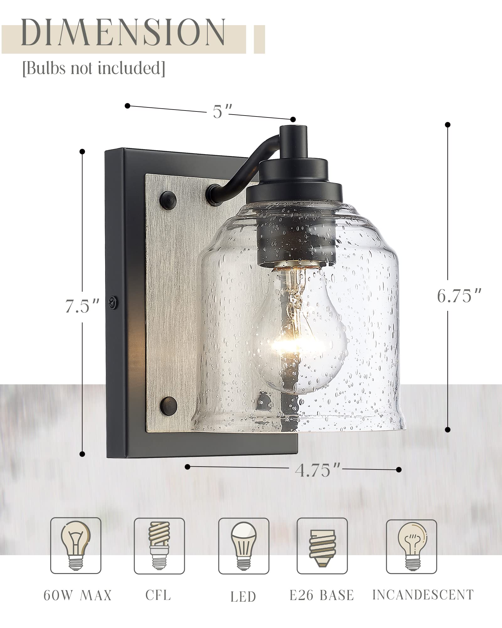 YKLITG 5in Farmhouse Bathroom Vanity Light, 1-Light Grey Metal Sconce with Bubble Glass Shade, Model BD005-1-BK