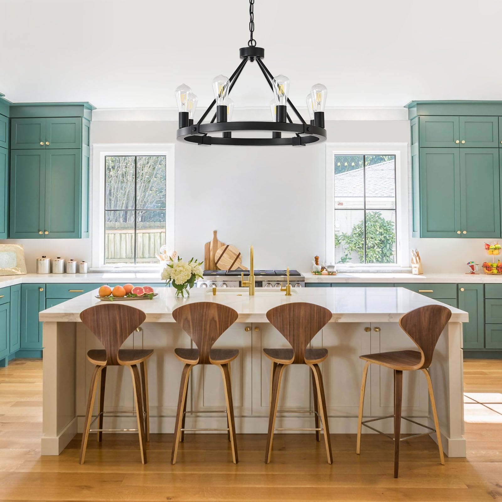 Loftplus Black Modern Farmhouse Wagon Wheel Chandelier For Dining Room Light Fixtures 8 Lights Chandeliers For Living Room Kitch