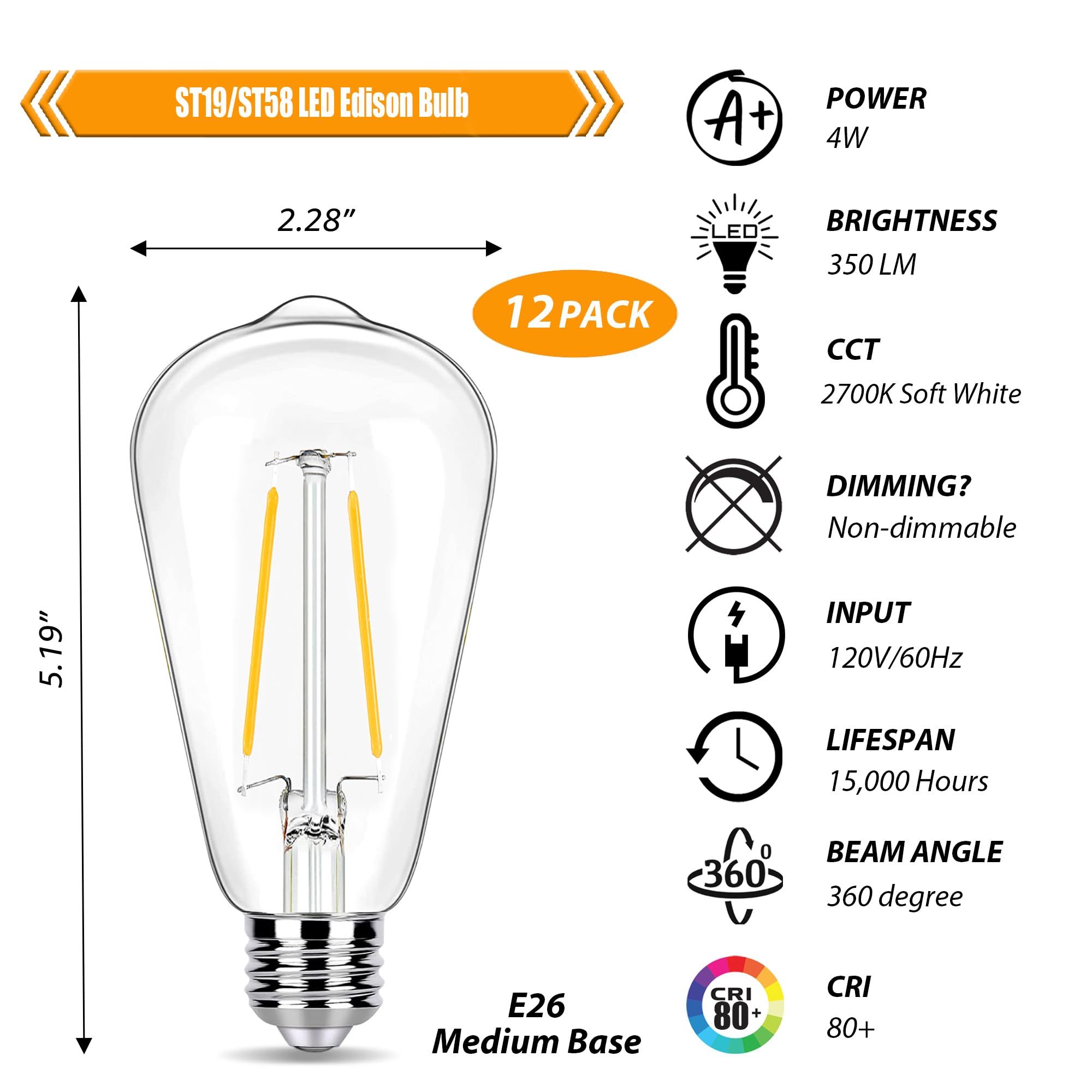 winsaLED 12 Pack LED Edison Bulbs, 4W Vintage ST19, 350LM, 2700K Soft White, Non-Dimmable, E26 Base