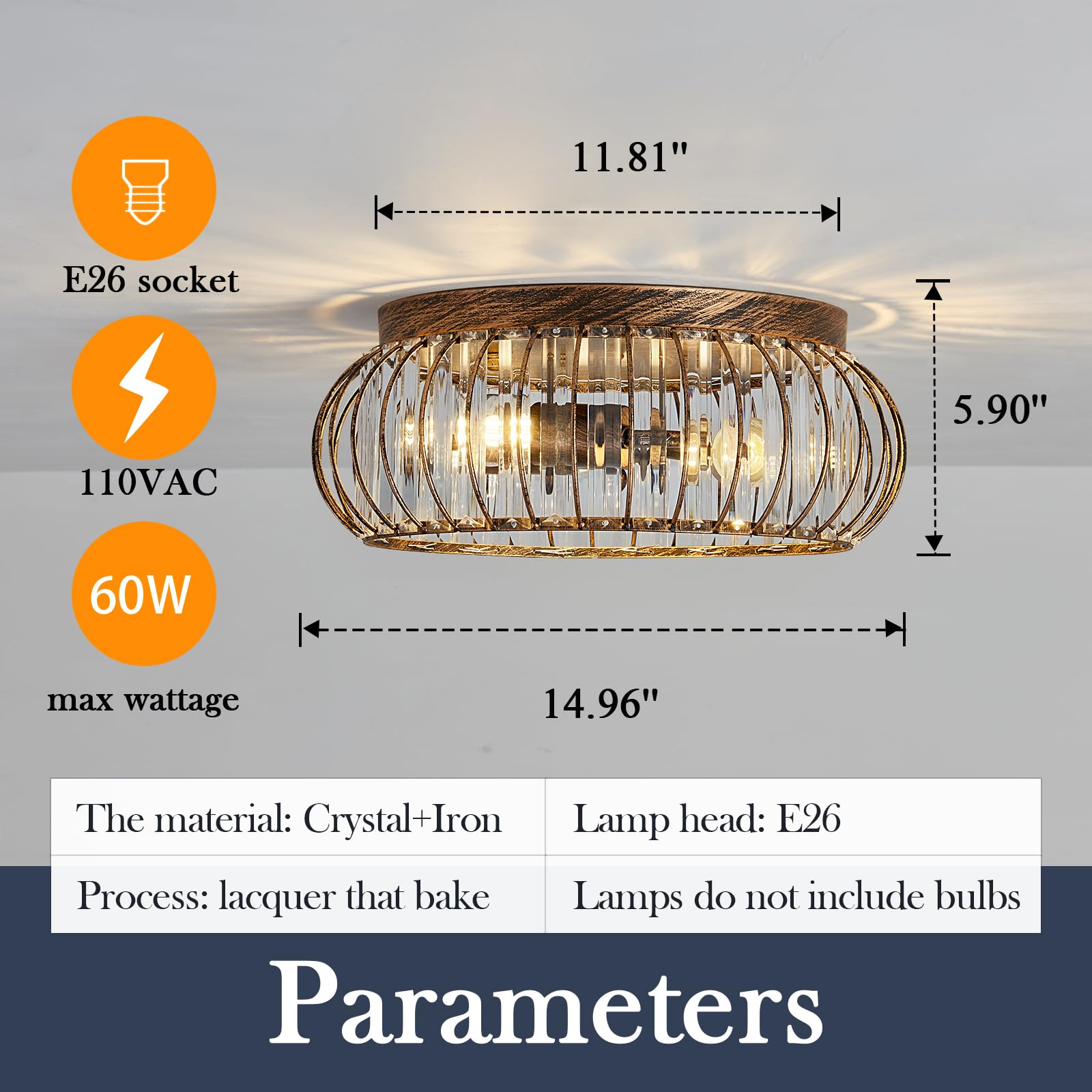 Yyjlx Modern Crystal Flush Mount Ceiling Light, Bronze 3-Light Chandelier For Home Decor
