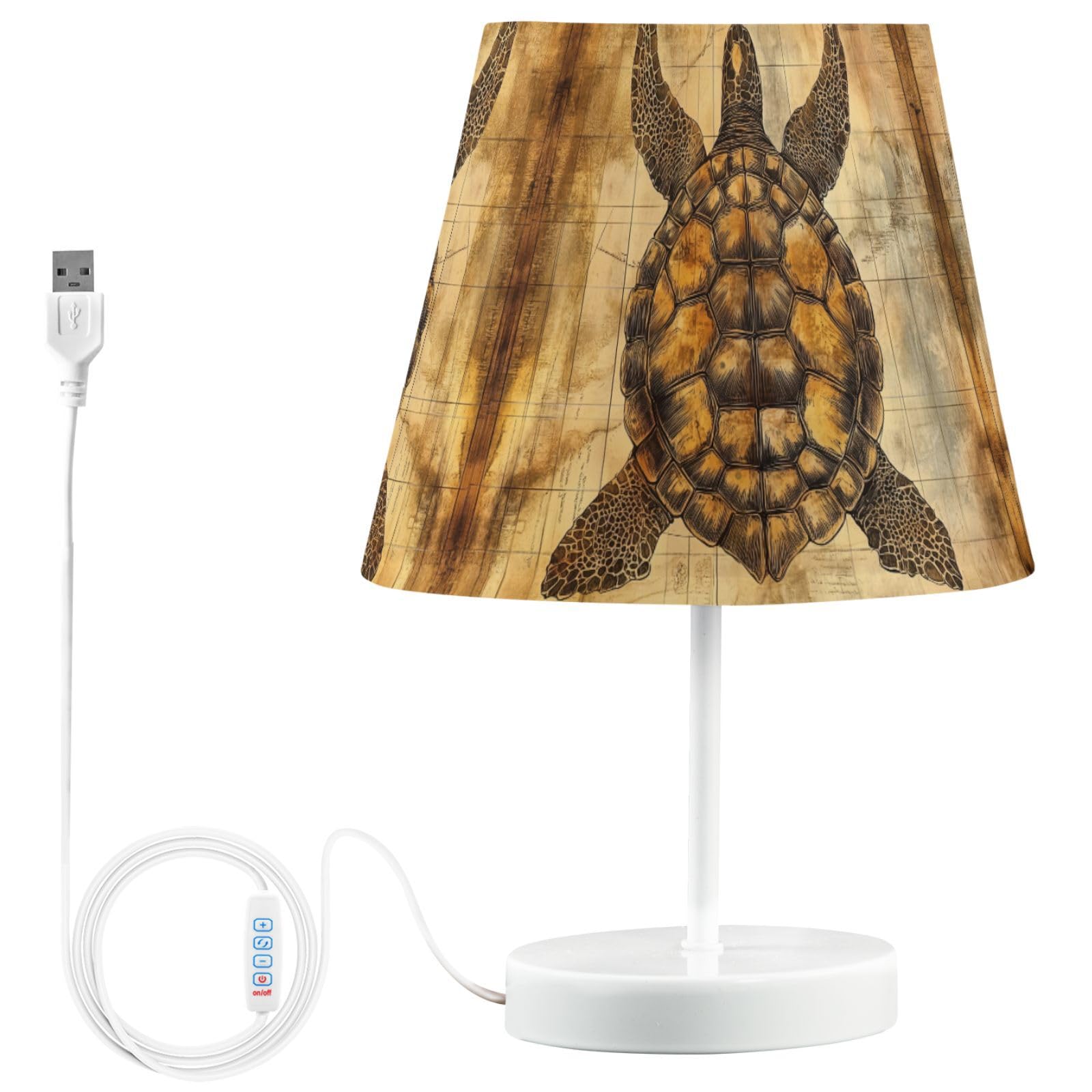 Peystean 3-Color Dimmable LED Table Lamp, Vintage Old Map Turtle Retro Large 12 High Bedside Nightstand Light with USB Port for 