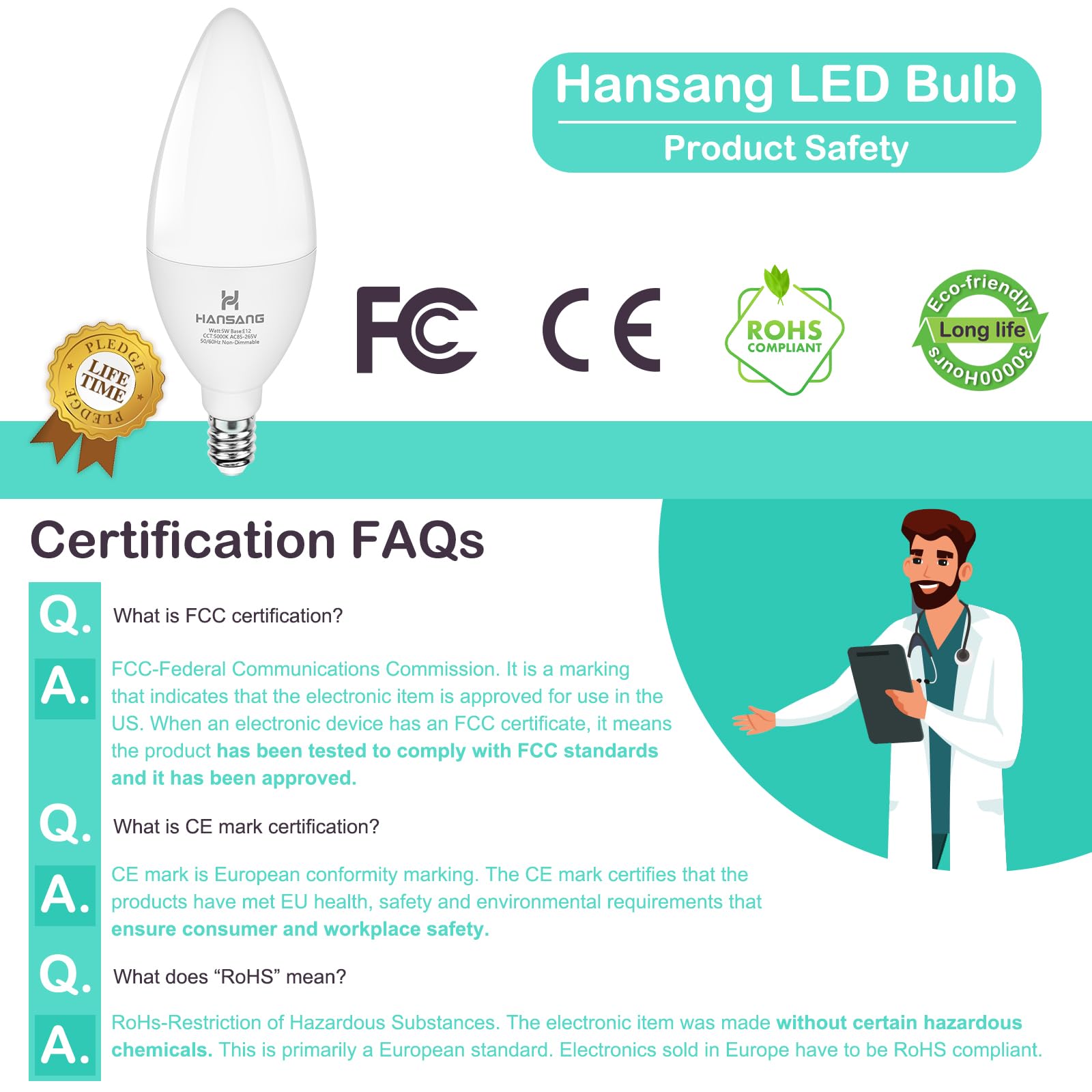 Hansang E12 Led Light Bulbs 5000K Bright Daylight, 60W Type B Light Bulb, Small Candelabra Base B11 Led Bulb For Chandelier, Cei