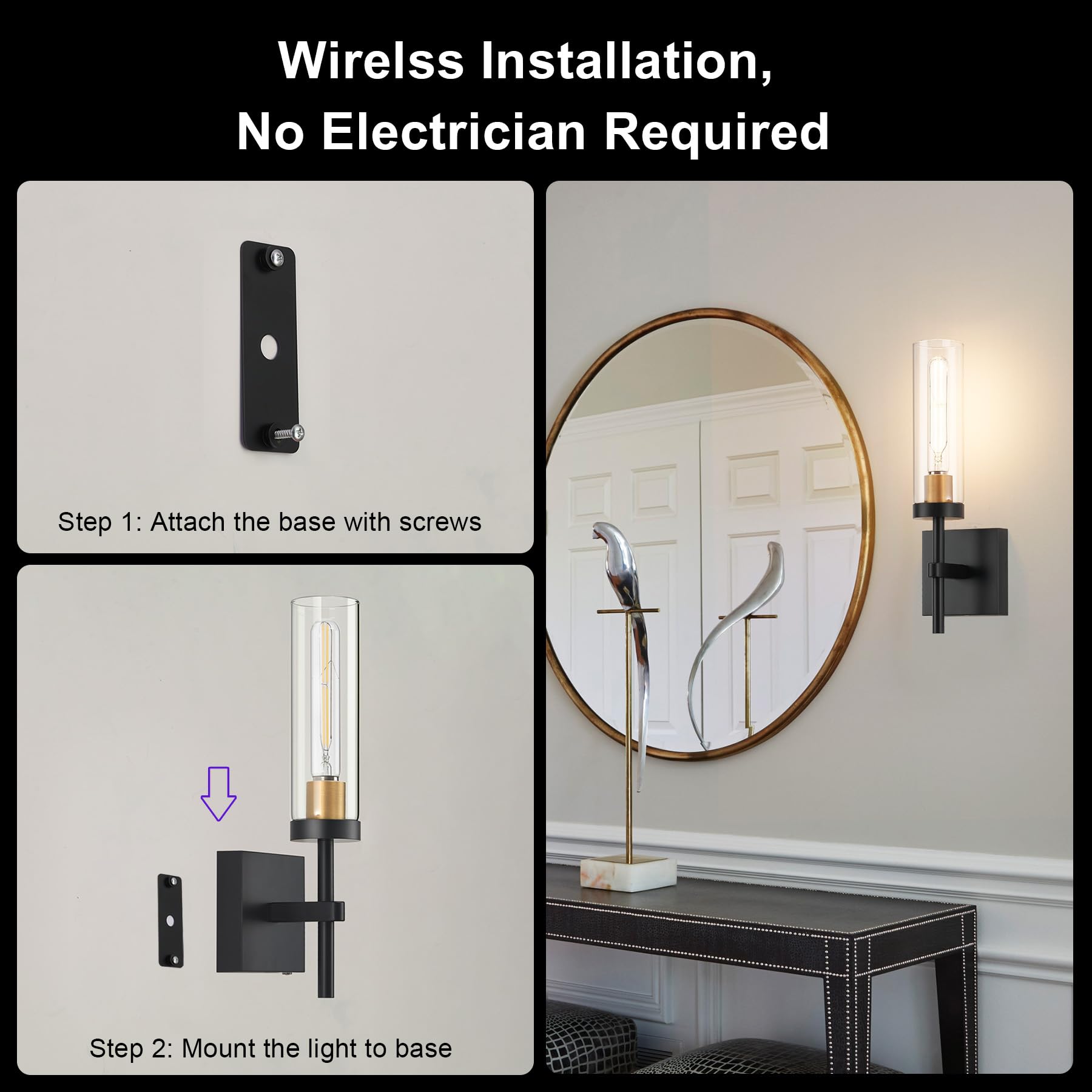 SANTOSTOCK Wireless Wall Sconces - Remote Control, Battery Operated, Dimmable, 2 Pack, Black & Gold, Model SSW018B1-2C