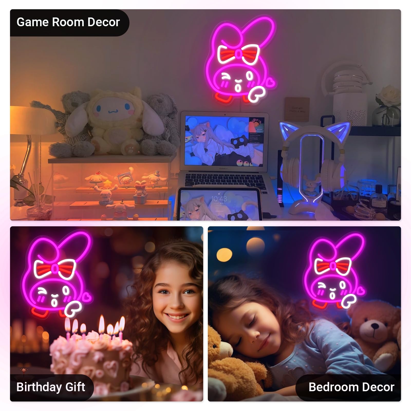 KiMineon My Melody LED Light Sign, Neon Wall Decor, 14in Acrylic, Pink, Model Melody-Cute-14