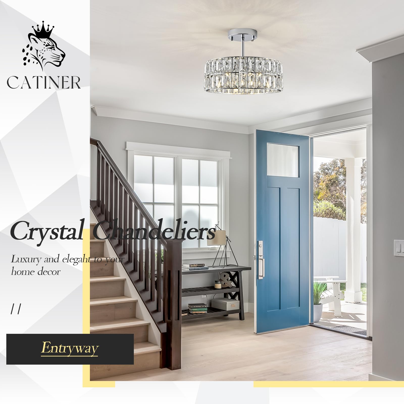 CATINER Chrome Crystal Chandelier, Modern Semi Flush Mount Light Fixture, 12" Round, Metal for Dining Room, Entryway, Kitchen, Hallway