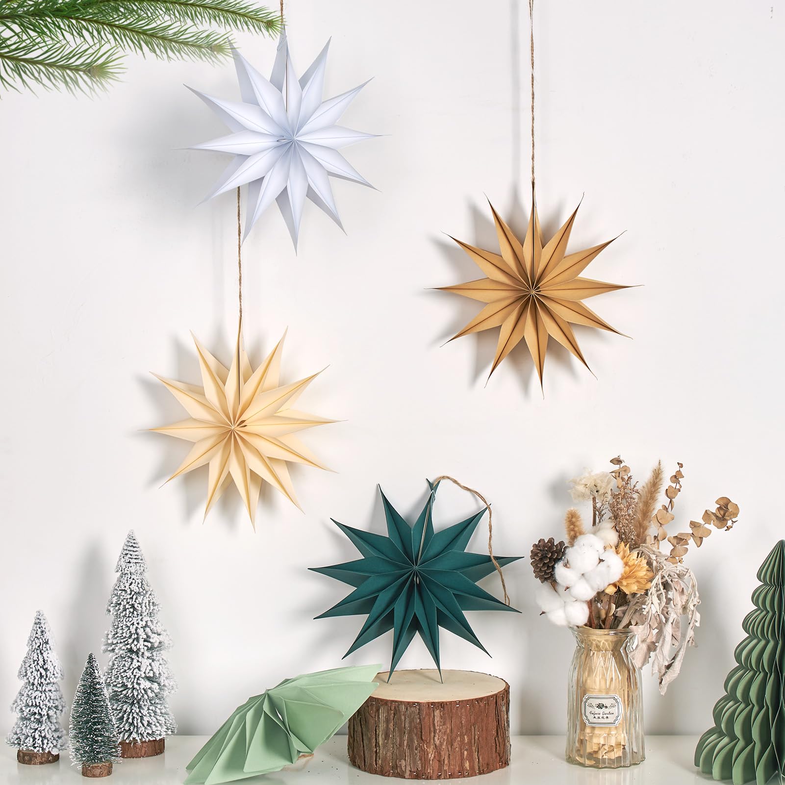 Paper Jazz 12 Point Paper Star Lantern 5 Pcs Sage Green Christmas Ornaments With Paper Stars Large Vintage Christmas Wall Decor For Xmas New Year Baby Shower Wedding Spring Party.