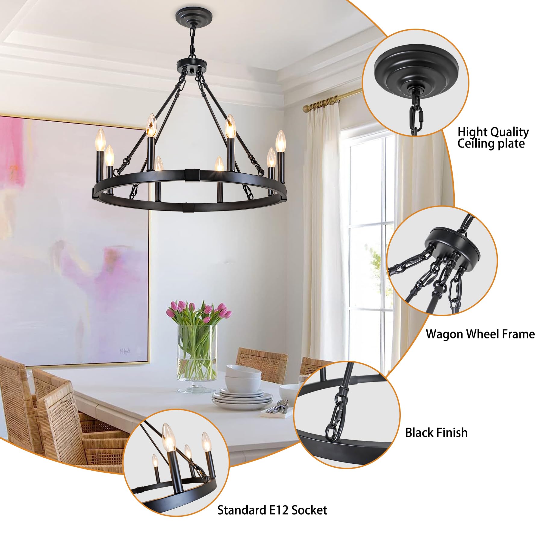Rviezza 8 Light Wagon Wheel Chandelier, 23.6'' Rustic Farmhouse Chandelier, Industrial Vintage Round Pendant Lighting For Dining