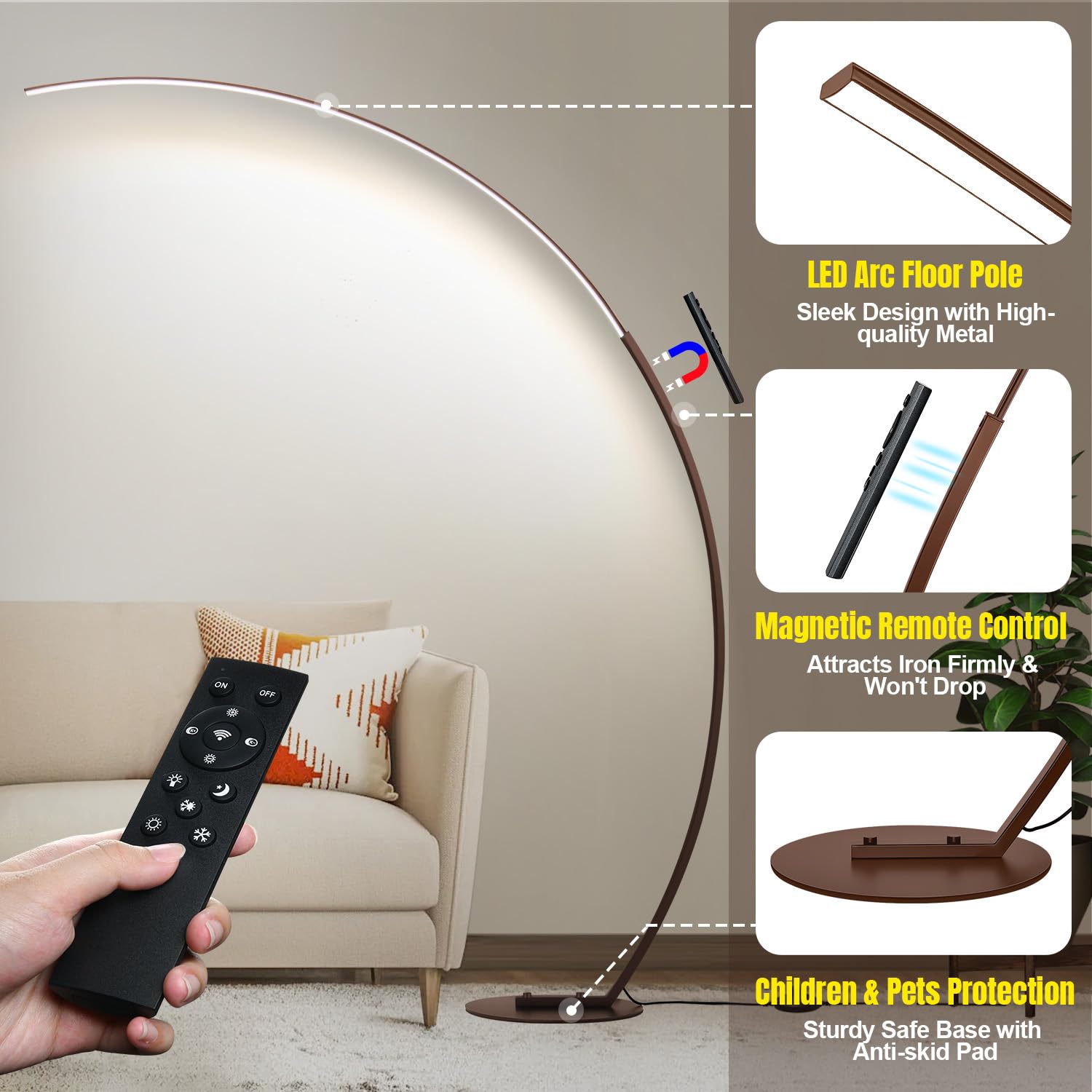 Dimmable Led Floor Lamp With 3 Color Temperatures, Ultra Bright 2000Lm Brown Arc Floor Lamps For Living Room, Modern Standing Ta