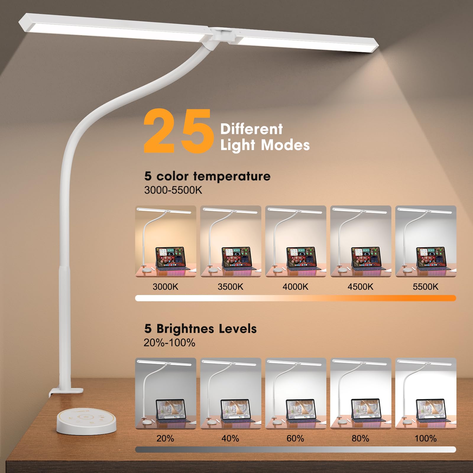 Led Desk Lamp For Office Home - Eye Caring Architect Lamp With Clamp,Dual Screen Computer Monitor Gooseneck Smart Light: 24W 5 C