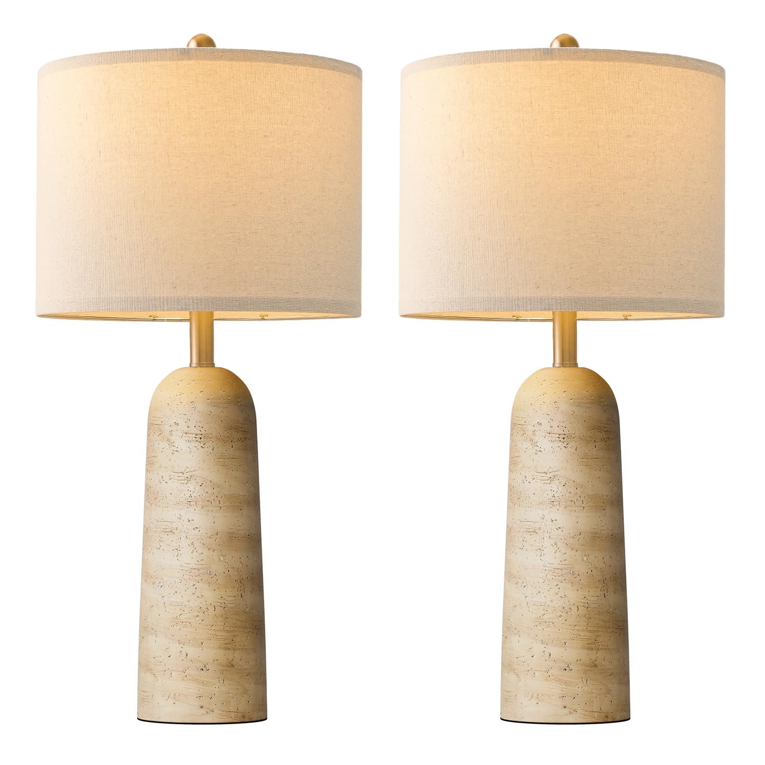 BOBOMOMO Modern Table Lamp Set of 2, 27.25" Beige Resin with Linen Shades, Travertine Look for Living Room, Bedroom, Nightstand