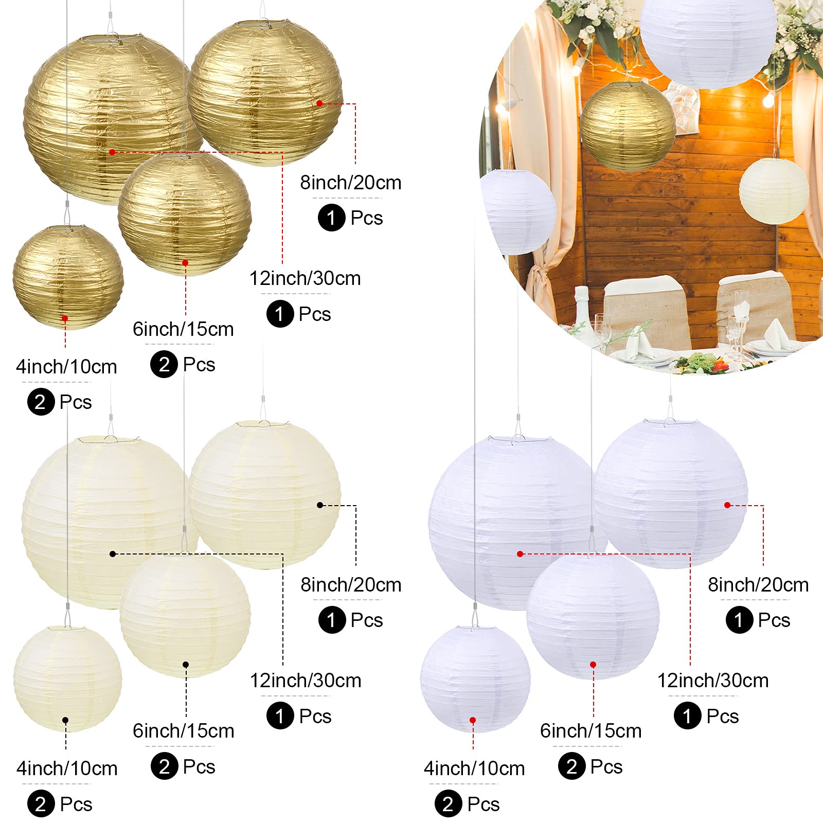 Pelopy 18 Pcs Gold, Beige, White Paper Lanterns 4/6/8/12 Inches Chinese Japanese Round Lamp For Paper Lanterns Indoor New Year W