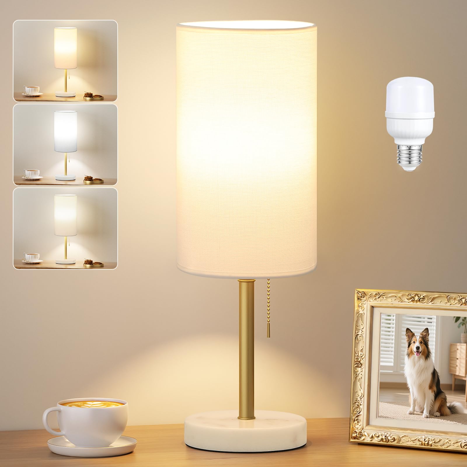 Dicoool Tall Bedside Table lamp for Bedroom - Elegant Marble Base & 3 Color Temperatures Bedside Lamps  Pull Chain Gold Table Lamps  White Nightstand Lamps for Living Room/Guest Room