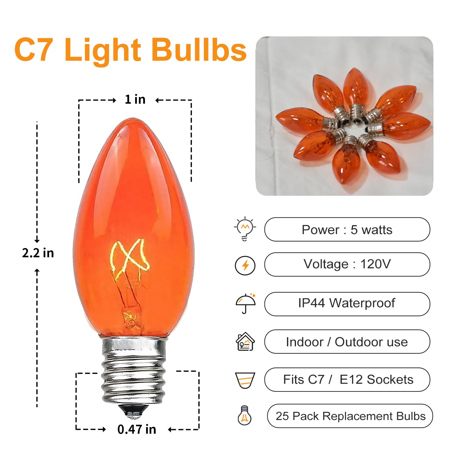 Chysuper 25 Pack C7 Replacement Bulbs, Orange Christmas Lights, E12 Candelabra Base, 5W Incandescent Bulbs For Outdoor String Li