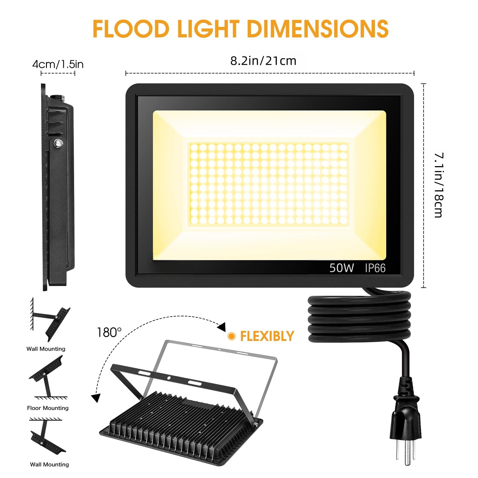 Yanycn 2 Pack 50W Warm White Led Flood Lights Outdoor,3000K Super Bright 7500Lm Security Lights With Plug,Exterior Ip66 Waterpro