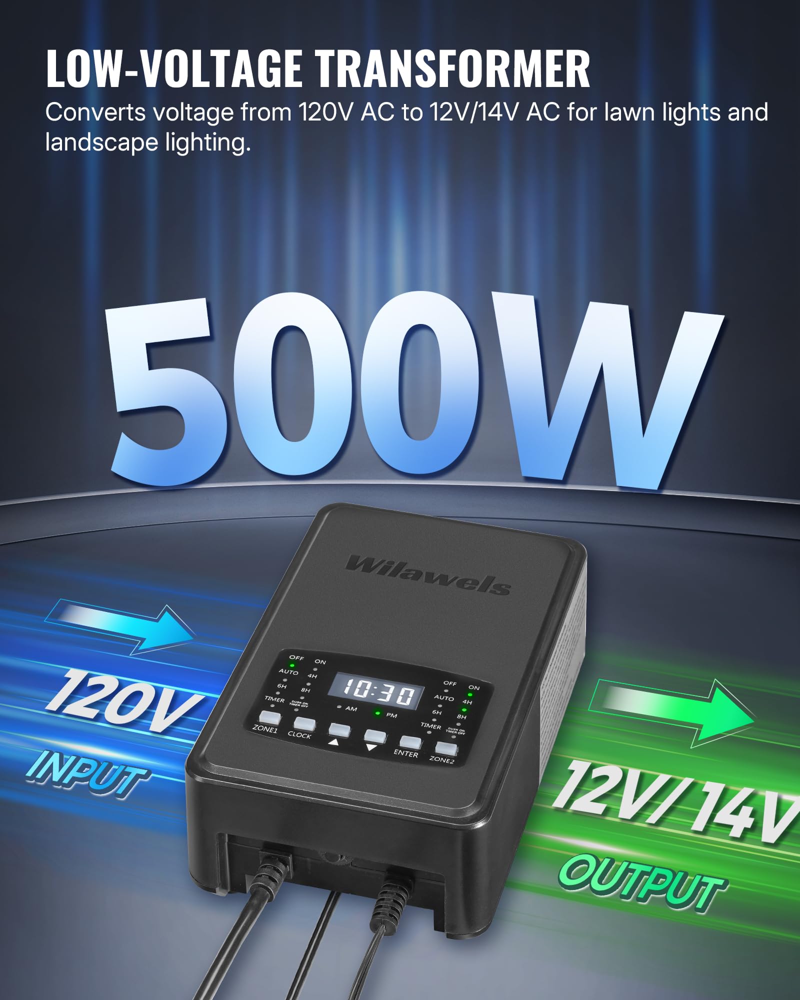 Wilawels 500W Low Voltage Landscape Transformer  2 Zone Independent Control Landscape Lighting Transformer  120Vac To 12/14V Ac Low Voltage Transformer With Timer & Photocell Sensor Etl Listed D24Lt06