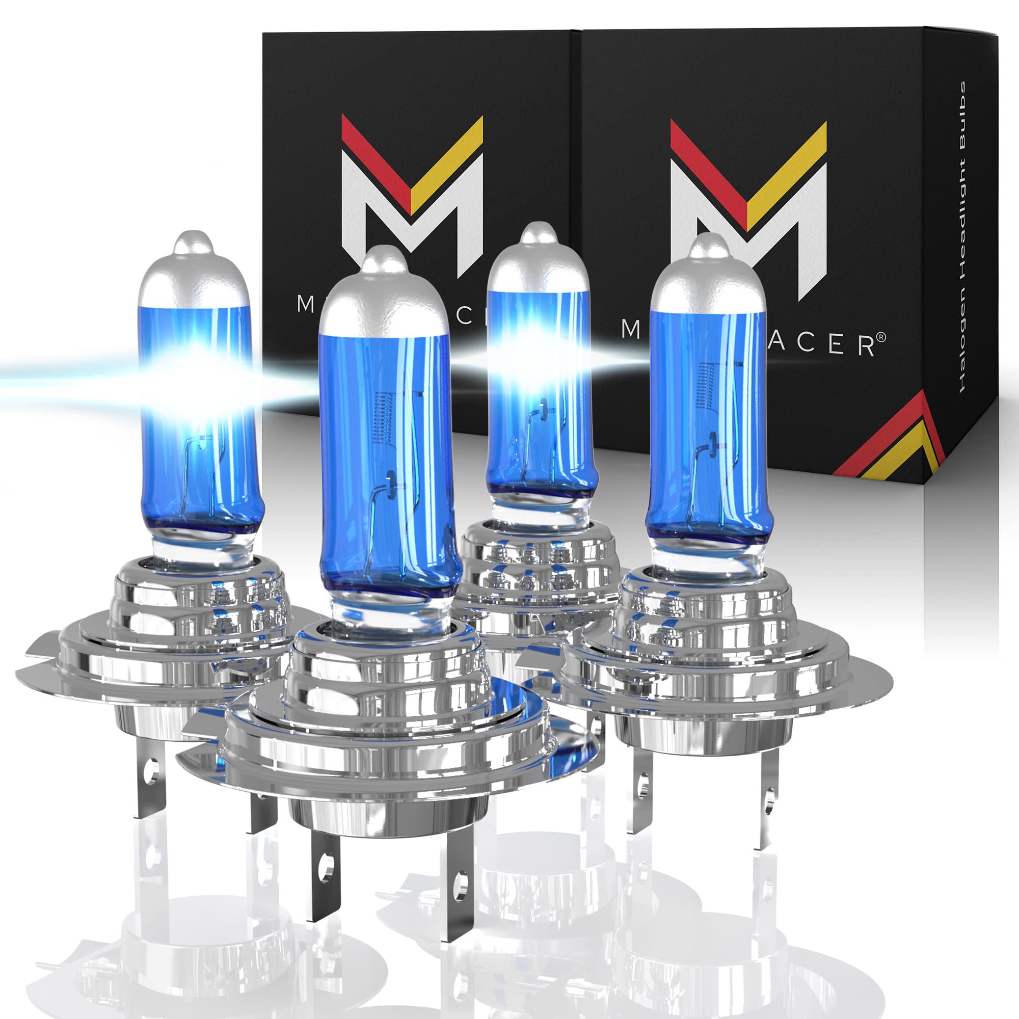 Mega Racer H7 Halogen Headlight Bulbs Combo For Low Beam And High Beam - Super White 5000K 12V 55W, Xenon, Px26D Base, Ip68 Wate