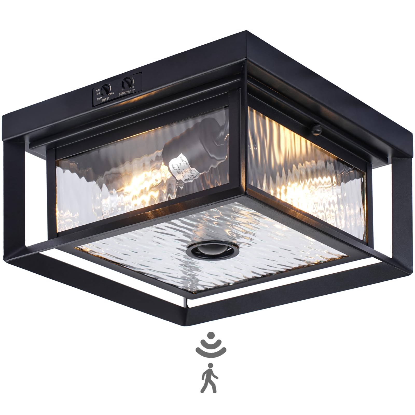 CALOKES Motion Sensor Outdoor Ceiling Light - Industrial Style, Flush Mount, Dual Box Frame with Water Ripple Glass Design - Per