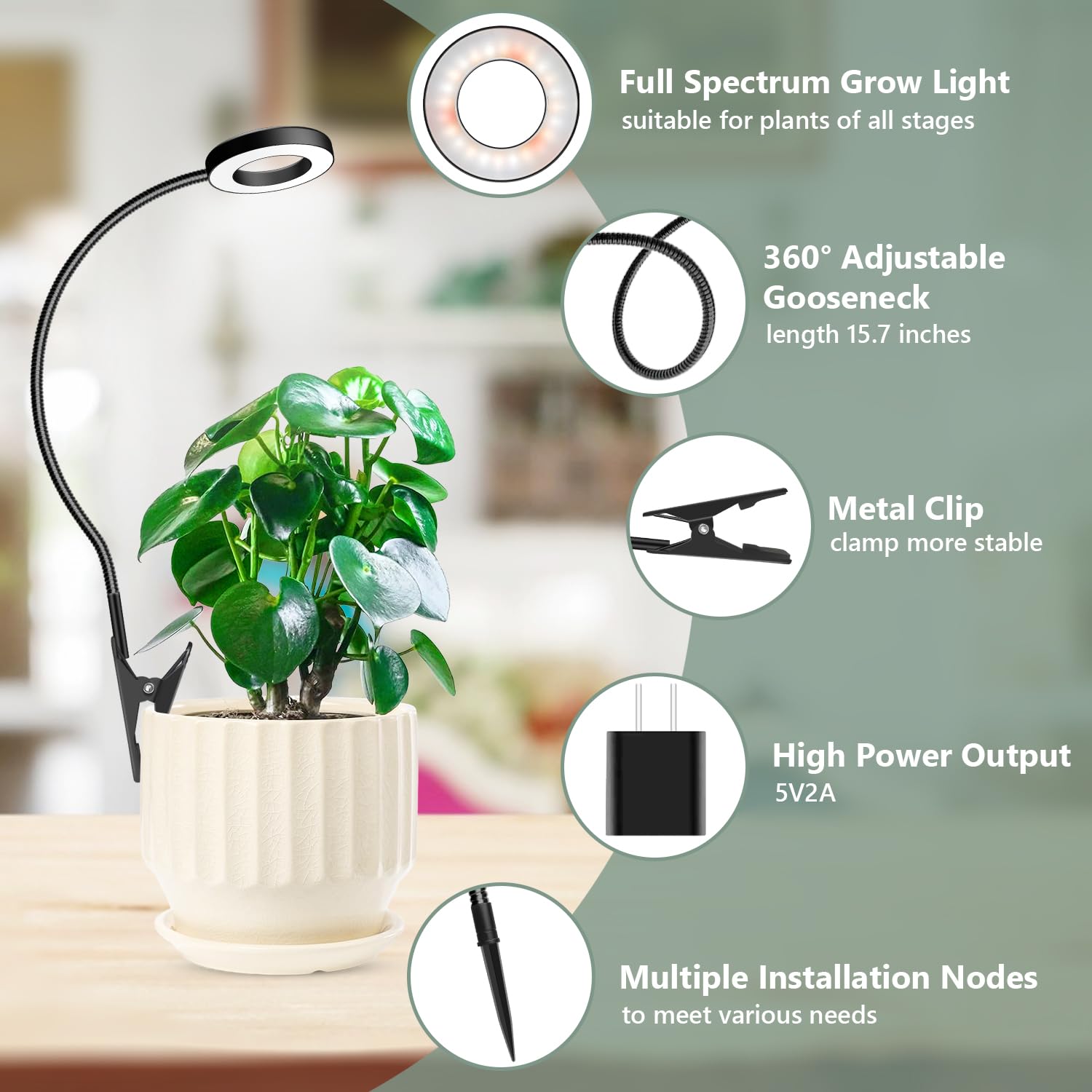 Xuligron Clip On Grow Light, 6000K Halo Plant Lights For Growing Small Plants, Led Full Spectrum Grow Lamp With 6/12/16H Timer,