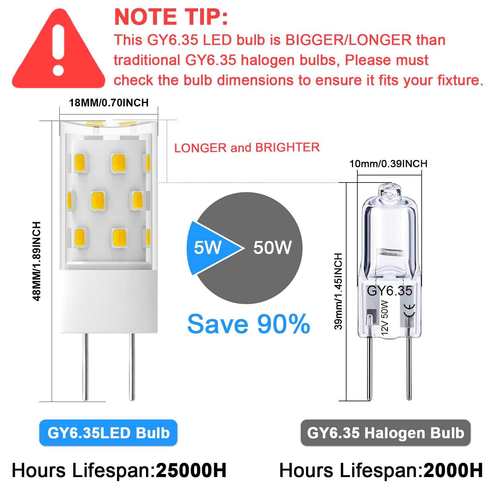 GY6.35 LED Bulb 5W Equivalent to 50W Bi-pin Base Halogen Bulb, AC/DC 12V Daylight White 6000K for Pendant Light, Chandelier, Des