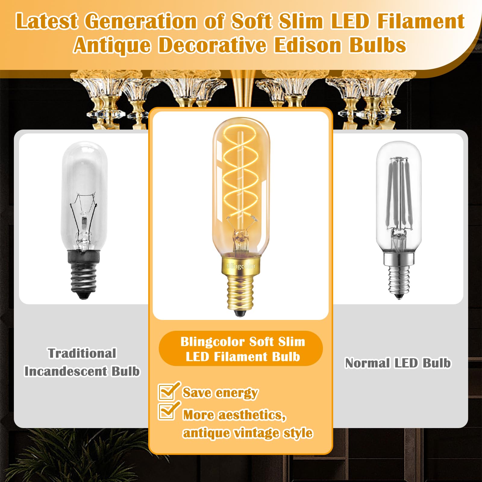 Blingcolor Dimmable E12 Led Edison Candelabra Bulbs 40 Watt Equivalent, 6 Pack E12 4W Led Candelabra Amber Warm Light Bulbs 2200