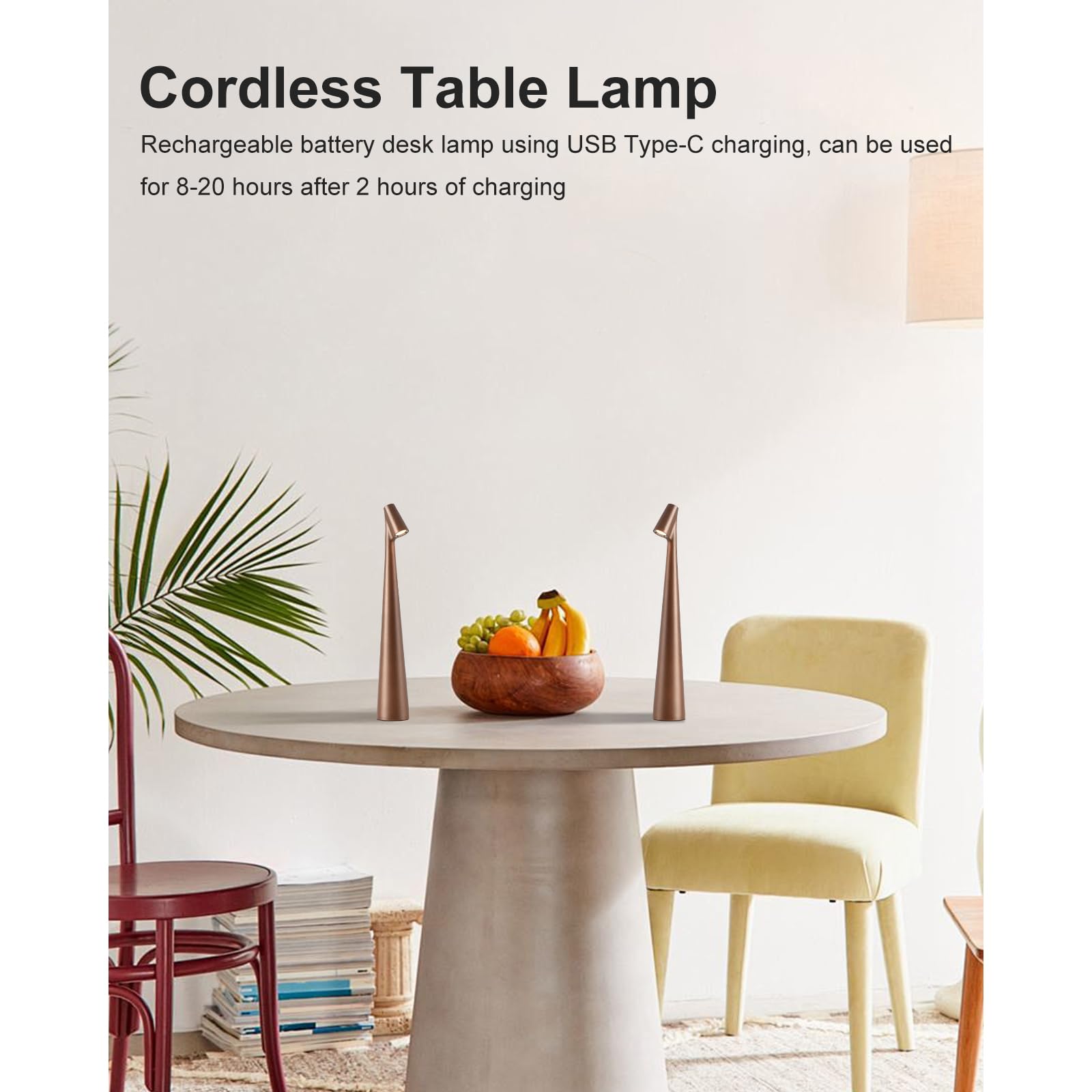 Hebangya Cordless Table Lamps Set of 2, Rechargeable Battery, 3 Levels Brightness, Brown, Portable Desk Light