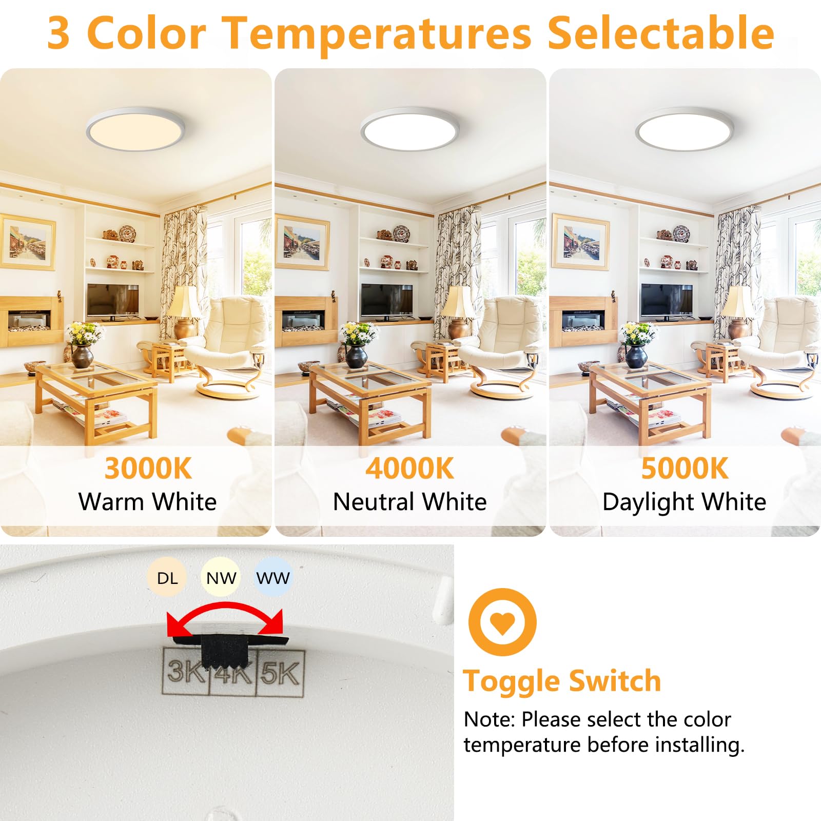 Yelioled Yeliold 12 Inch Led Flush Mount Ceiling Light Fixture With Night Light, 24W 2400Lm, 3000K/4000K/5000K 3Cct Selectable,