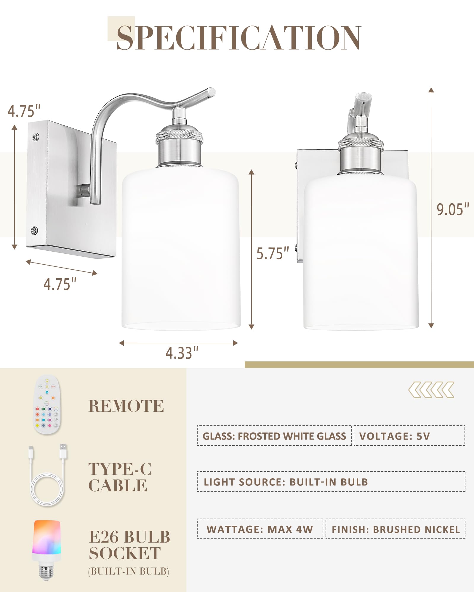 JAZAVA Wall Sconce Set of 2, Battery Operated, Remote Control, Brushed Nickel & Milk Glass, Model ZCVL01BN-1B-2P