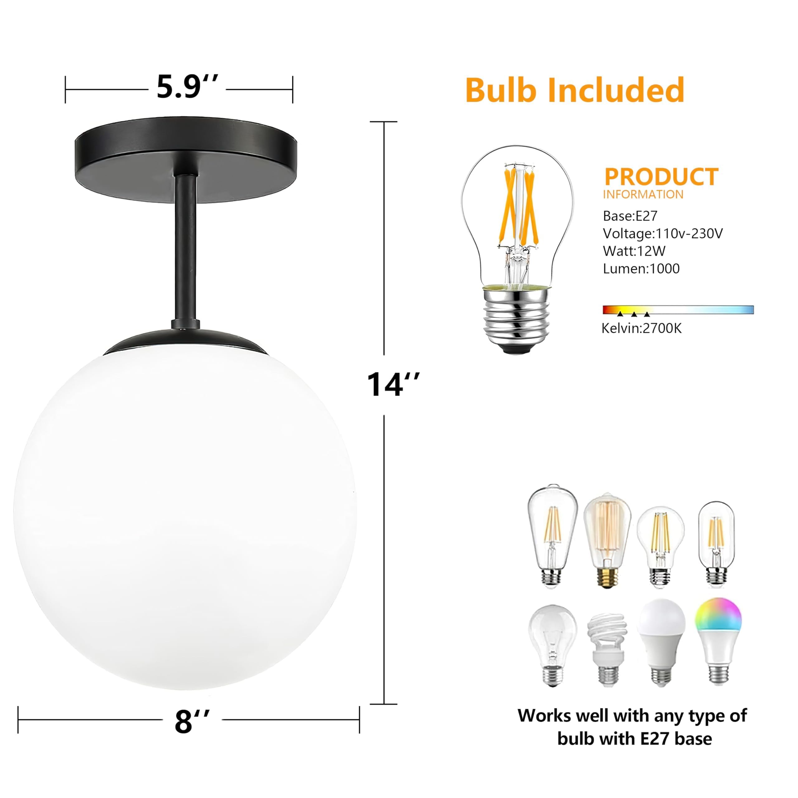 Bagood 8'' Black Semi Flush Mount Ceiling Light Fixture Milk Glass Globe Ceiling Light Fixture Hallway Light Fixtures Mid Centur