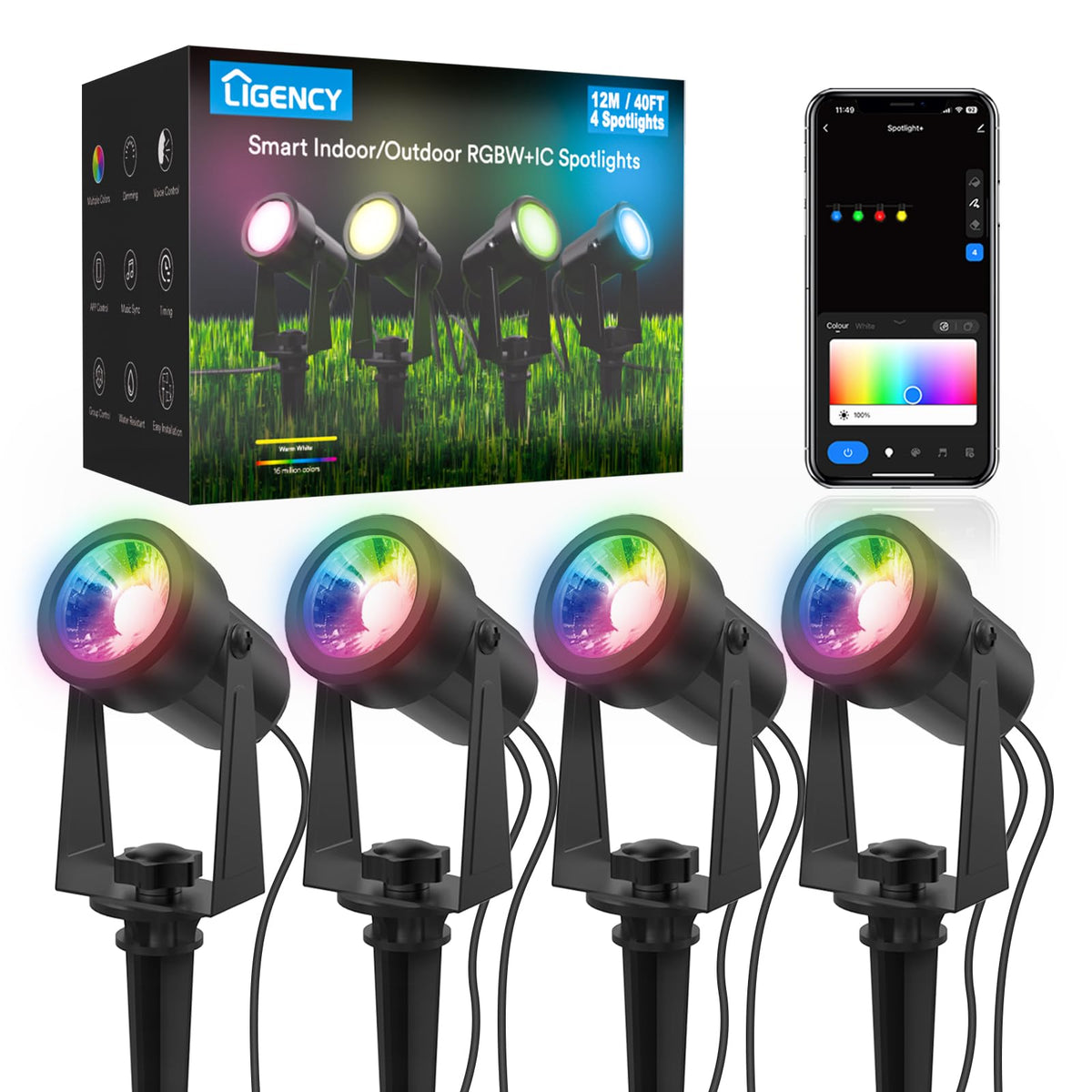 Ligency Smart Landscape Spotlights, 4 Pack Wired Rgbw Led Accent Outdoor Spot Lights, Waterproof Outside Low Voltage Up Lighting