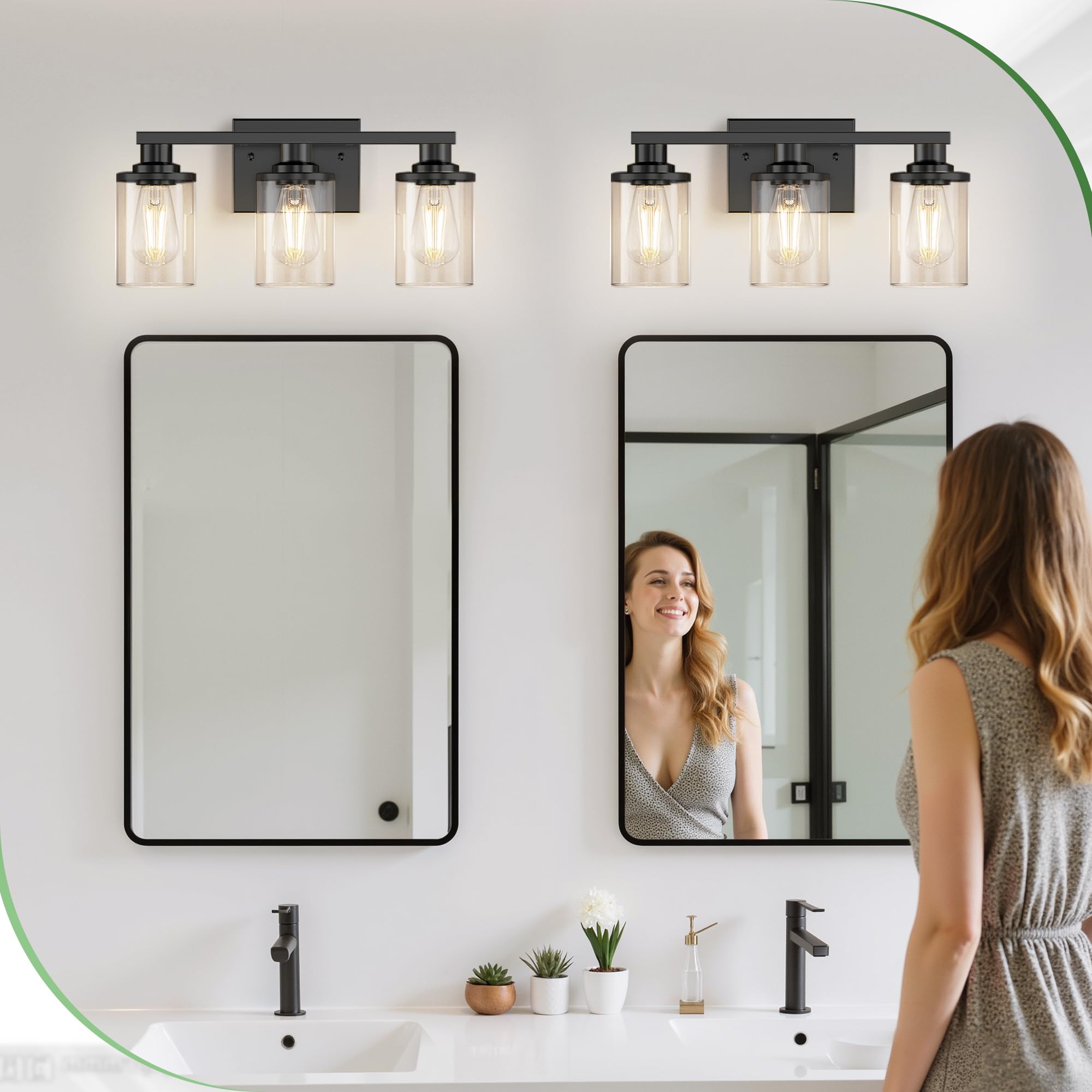 Doresshop 17 Inch Bathroom Light Fixtures  3-Light Black Bathroom Lighting Fixtures Over Mirror With Glass Shade  Modern Vanity Lights For Hallway Bedroom  Includes Bulbs