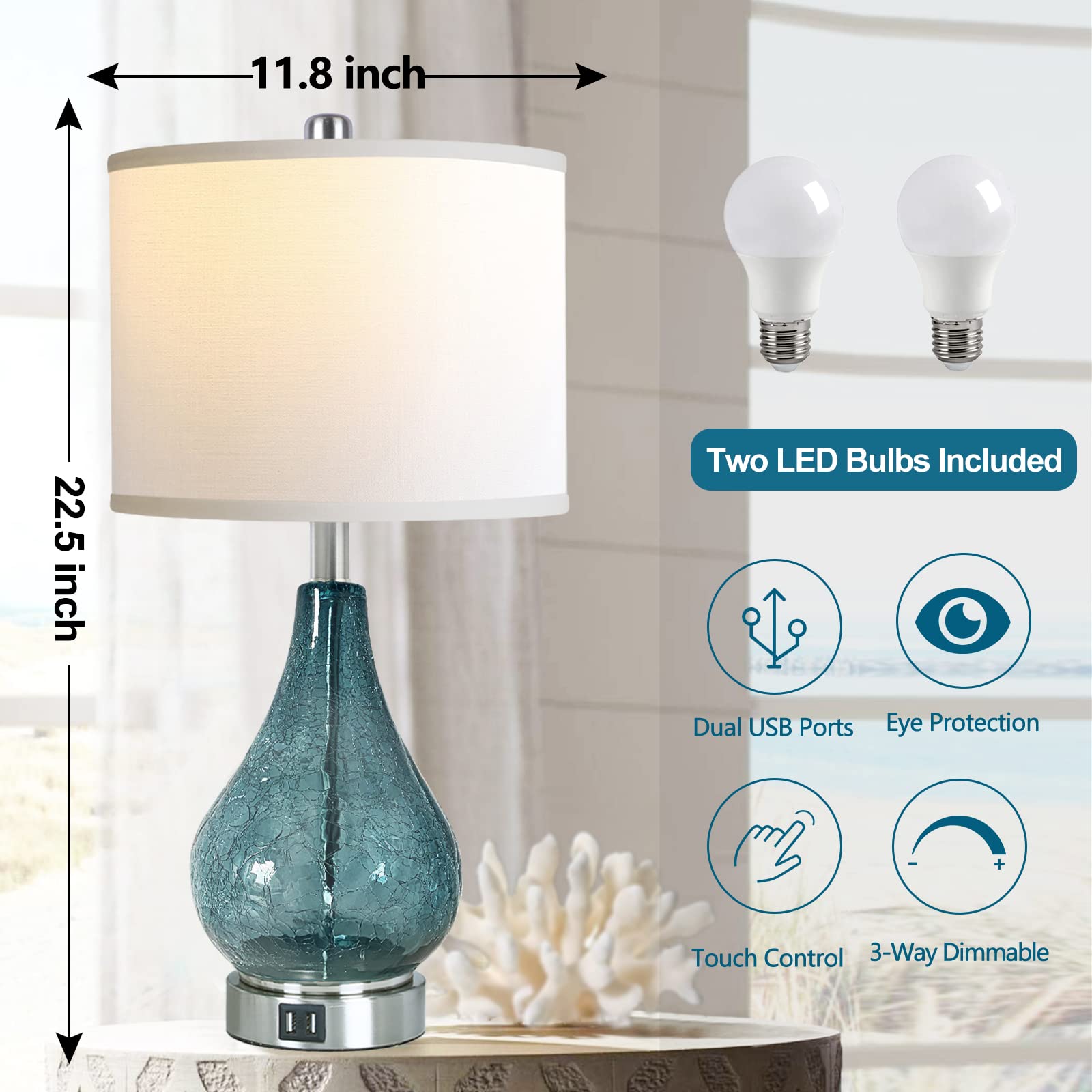 QiMH Glass Table Lamp Set of 2, 22.5" LED Touch Control, Blue 3-Way Dimmable Modern Bedside Lamps with White Fabric Shade