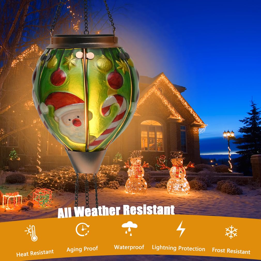 Solar Powered Hot Air Balloon Lantern - Christmas Santa Glass Lantern  Simulated Flickering & Dancing Flame  Outdoor Hanging Yard Light Waterproof Ip65 For Patio Lawn Porch Xmas Decor Gift