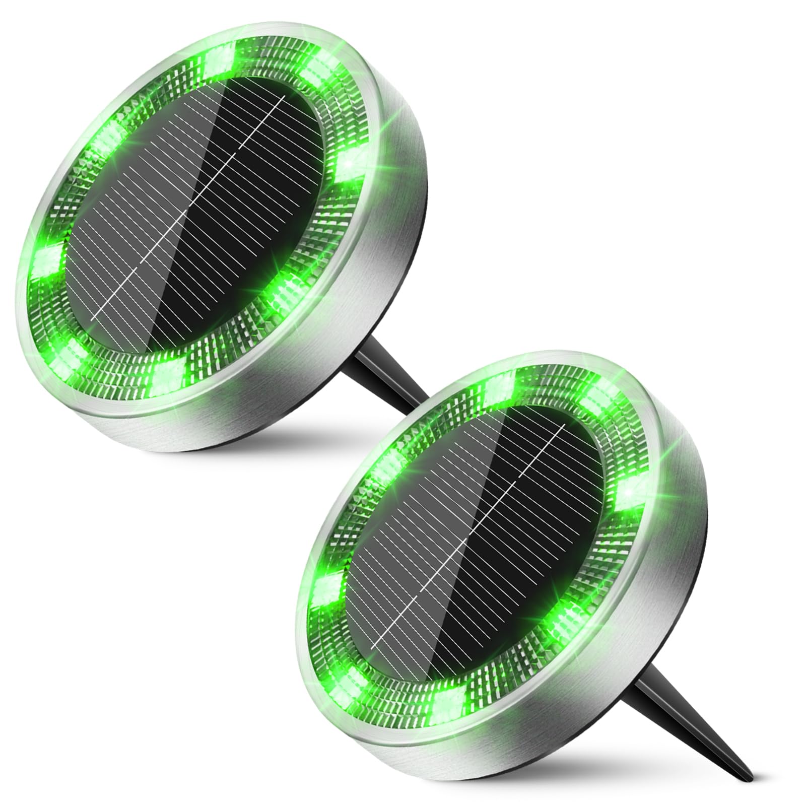 Peasur Mini Solar Ground Lights Outdoor  2 Pack Flat Solar Powered Disc Lights  IP68 Waterproof  Anti-Rust  Landscape Lighting for Pathway Garden Yard Lawn Walkway Landscape Driveway  Green